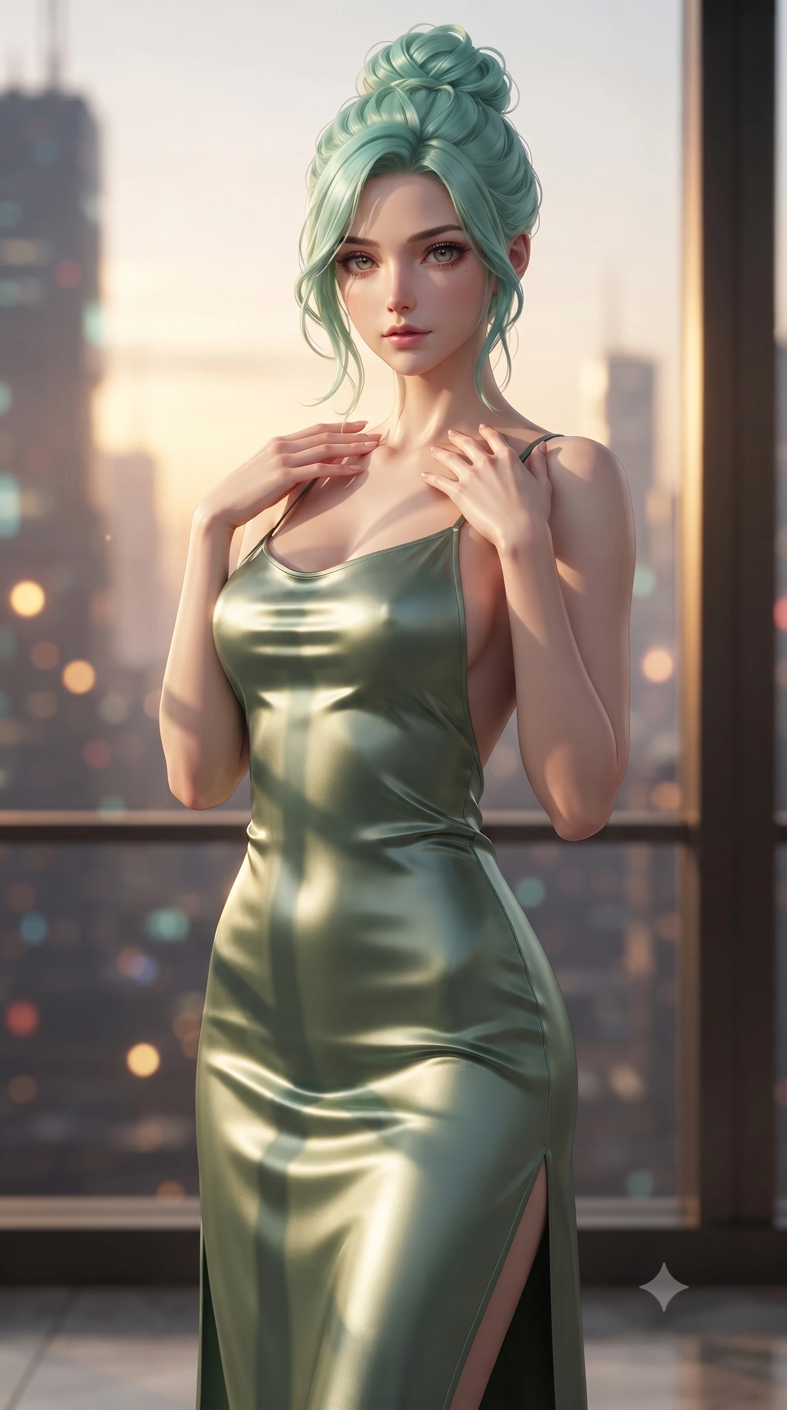 score_9, masterpiece, best quality, ultra-detailed, high-budget anime keyframe, editorial fashion photography, tasteful artistic composition, Japanese woman. close-up cowboy shot from the waist and thighs up, the character dominates the composition, filling the frame with her large presence, background elements kept in soft focus. standing in a relaxed, elegant posture with both hands resting lightly on her collarbone, looking at the viewer with bedroom-eyes, the background shows a soft-focus a lounge balcony window overlooking a futuristic skyline at golden hour. She has an exceptionally elegant, slender, and willowy female figure with an ultra-slim waist, a gracefully sculpted slender torso, and a refined silhouette. sharp v-shaped jawline, high-bridge nose, intricate jewel-like eyes with depth, thick eyelashes, glossy lips with a natural sheen. wearing a slim-fit lightweight silk combat slip dress in sage green, featuring a high side slit and a low-cut back. golden hour sunset light casting long geometric frame shadow lines. ultra-reflective glossy finish, specular highlights, metallic sheen, high-contrast stereoscopic depth, volumetric dynamic lighting, 2k, ultra detail, master piece, 9:16 ratio