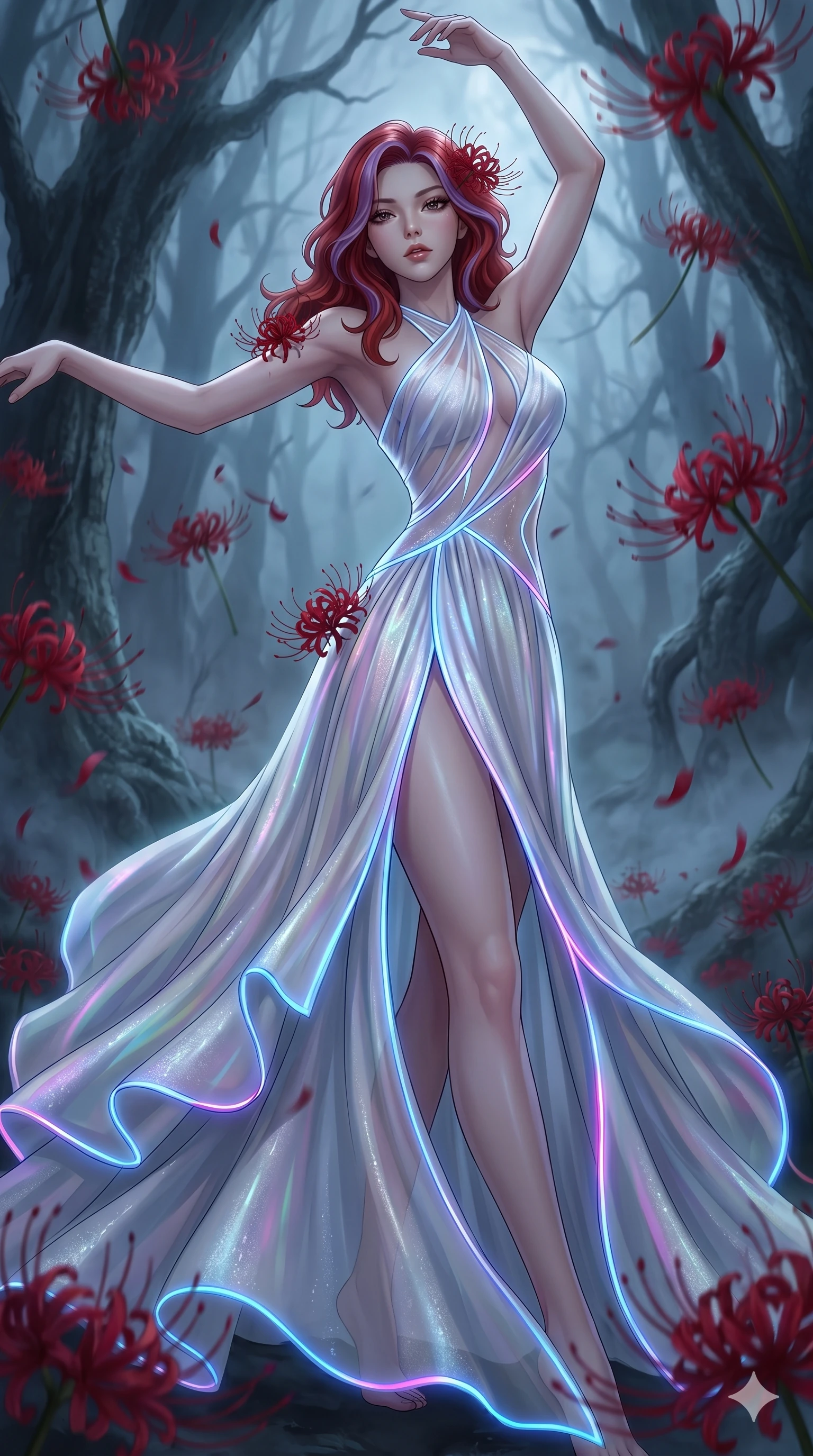 score_9, masterpiece, best quality, ultra-detailed, High-budget Anime Keyframe, East Asian woman. Low angle cowboy shot filling the entire 9:16 frame with her statuesque presence. Scenario 135: Dancing amidst falling red spider lilies in a misty dark forest. Her presence is magnetic and overpowering in this high-budget anime scene. Outfit 135: A shimmering chiffon bare with a thigh-high slit and glowing LED seams. The clothing is designed to emphasize her exceptionally tall and slender 8-heads proportion. 8-heads proportion, towering silhouette, ultra-slim waist. sharp v-shaped jawline, intricate jewel-like eyes with depth, thick eyelashes, glossy lips. 2k, ultra detail, master piece, 9:16 ratio