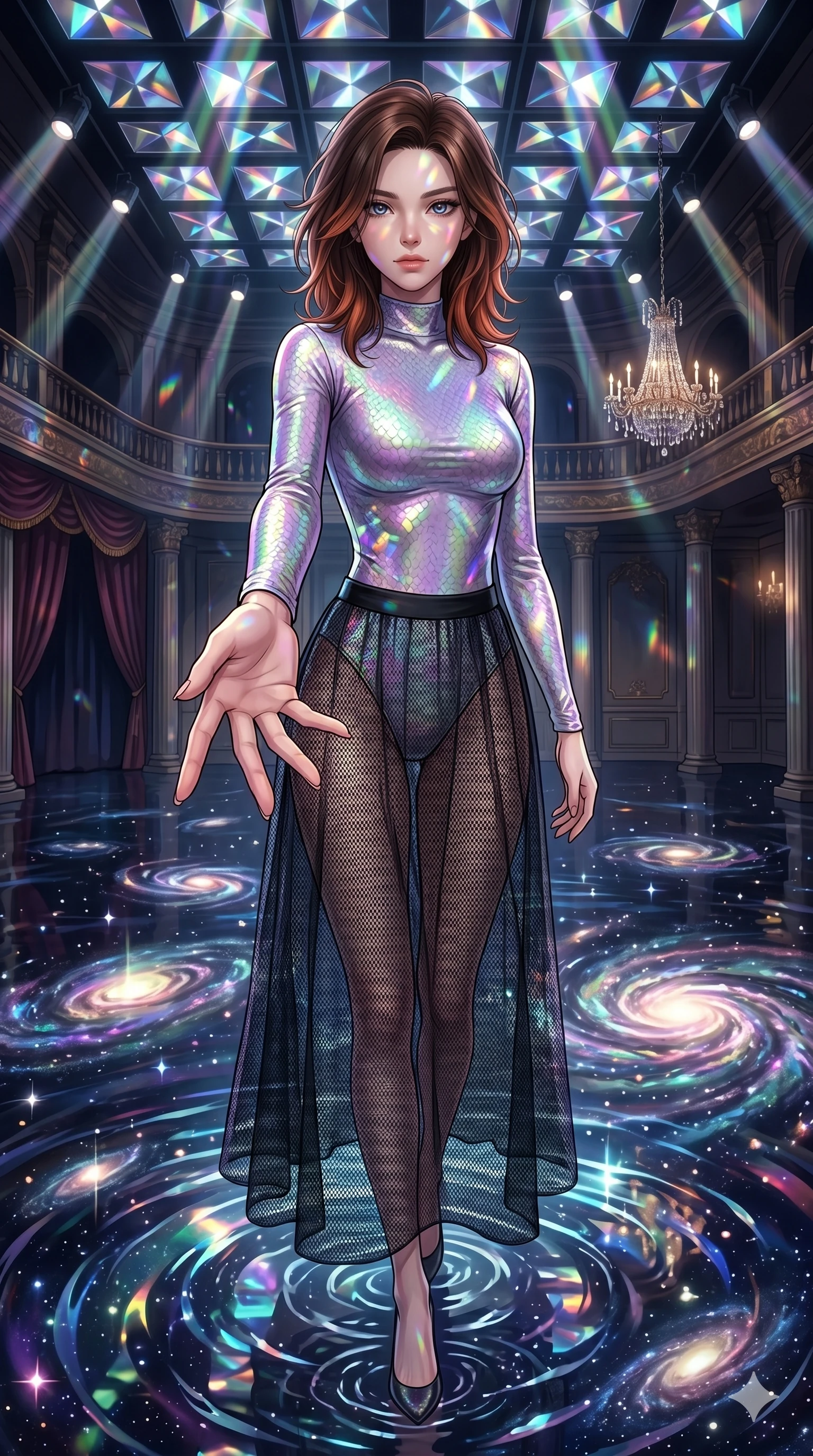 score_9, masterpiece, best quality, ultra-detailed, high-budget anime keyframe, editorial fashion photography, tasteful artistic composition, Korean woman. cowboy shot from the thighs up, character and outfit filling the frame for maximum editorial presence. Reaching one hand toward the viewer with relaxed elegance inside a grand ballroom where the floor is made of liquid starlight that ripples as she walks. She has an absolutely perfect 8-heads proportion, an exceptionally tall and slender female figure with impossibly long slender legs and an ultra-slim waist. V-shaped jawline, high-bridge nose, intricate jewel-like eyes with depth, thick eyelashes, glossy lips with a natural sheen. wearing a long-sleeve bodysuit in iridescent scale-textured fabric with a mock neck, paired with a semi-opaque black mesh maxi skirt with a solid under-layer. lit by mirror-reflected prismatic spotlights creating geometric light patterns that play across her body. 2k, ultra detail, master piece, 9:16 ratio