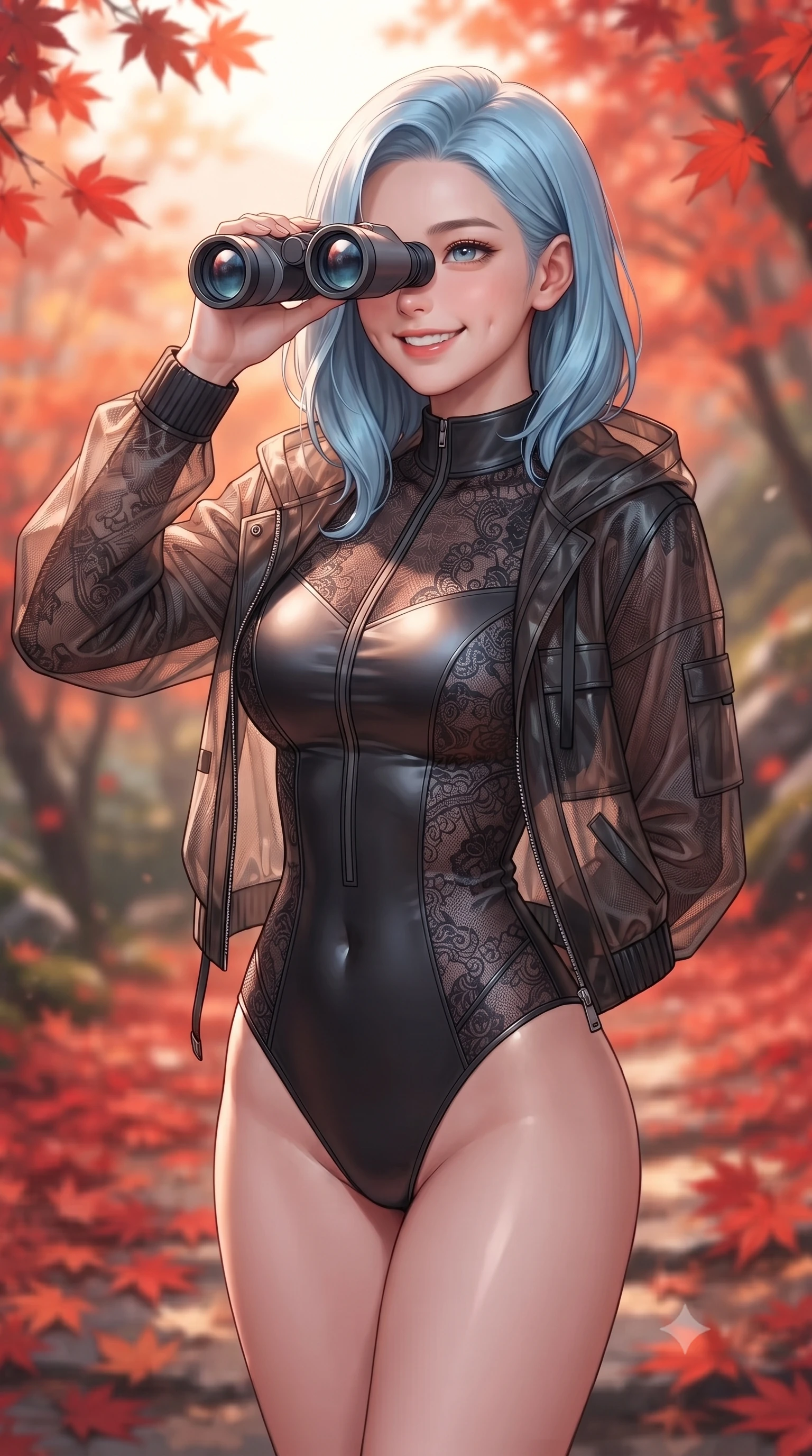 score_9, masterpiece, best quality, ultra-detailed, high-budget anime keyframe, editorial fashion photography, tasteful artistic composition, Korean woman. close-up cowboy shot from the waist and thighs up, the character dominates the composition, filling the frame with her large presence, background elements kept in soft focus. smiling with soft, cute dimples, holding a warm cup of tea with both hands set against a soft-focus background of walking through an autumn mountain path covered in red maple leaves looking through a pair of binoculars with a happy, excited expression. She has an exceptionally elegant, slender, and willowy female figure with an ultra-slim waist, a gracefully sculpted slender torso, and a refined silhouette. sharp v-shaped jawline, high-bridge nose, intricate jewel-like eyes with depth, thick eyelashes, glossy lips with a natural sheen. wearing tailored sleek bodysuit featuring fine dark lace pattern details and a sheer utility jacket. cool morning mountain air diffusing the bright orange sunrise glow. ultra-reflective glossy finish, specular highlights, metallic sheen, high-contrast stereoscopic depth, volumetric dynamic lighting, 2k, ultra detail, master piece, 9:16 ratio