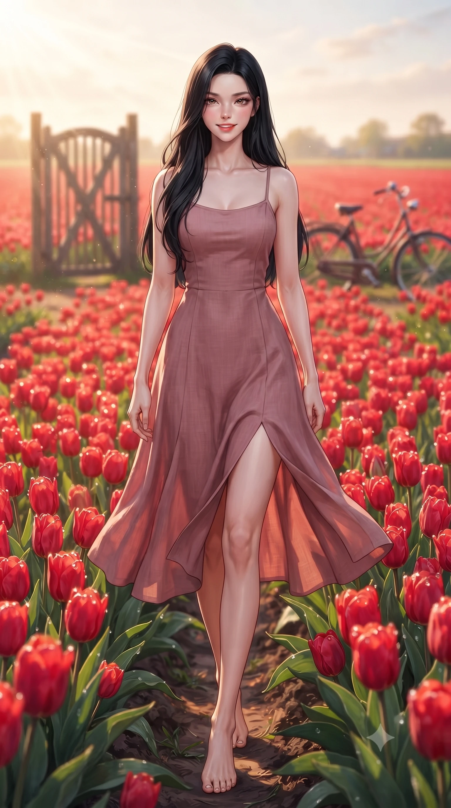 score_9, masterpiece, best quality, ultra-detailed, high-budget anime keyframe, editorial fashion photography, tasteful artistic composition, Korean woman. low angle full-body shot from head to toe showing her feet, filling the entire 9:16 vertical frame with her statuesque presence, stretching her vertical silhouette. stepping forward with an alluring, magnetic smile, her graceful posture highlighting her statuesque silhouette set against a soft-focus background of in a bright field of red tulips stretching to the horizon with a wooden garden gate and a vintage bicycle in the background. She has an absolutely perfect, statuesque 8.5-heads proportion, an exceptionally tall and slender model-like female figure with impossibly long slender legs and an ultra-slim waist. sharp v-shaped jawline, high-bridge nose, intricate jewel-like eyes with depth, thick eyelashes, glossy lips with a natural sheen. wearing slim-fit flowy linen sundress in dusty rose, draped softly and comfortably. warm morning sunbeams creating fresh dewdrop glints on the flower petals. highly saturated vibrant anime colors, detailed shading with soft gradients, rich glossy textures, high-contrast stereoscopic depth, volumetric dynamic lighting, master piece, 9:16 ratio