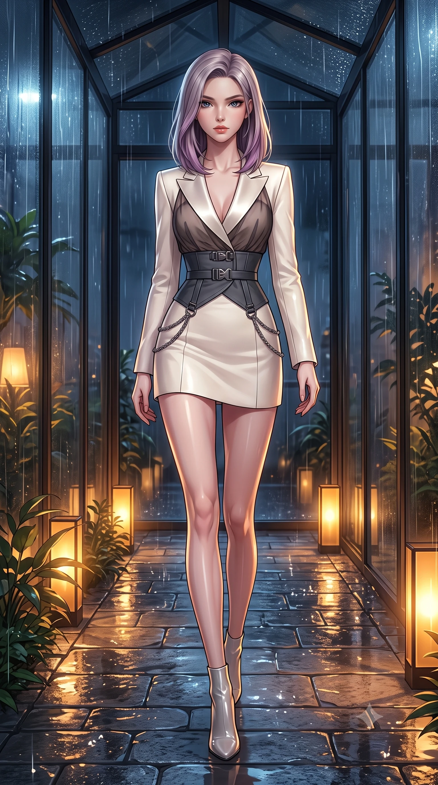 score_9, masterpiece, best quality, ultra-detailed, high-budget anime keyframe, editorial fashion photography, tasteful artistic composition, Caucasian woman. low angle full-body shot from head to toe showing her feet, filling the entire 9:16 vertical frame with her statuesque presence, stretching her vertical silhouette. navigating the private sanctuary with an effortless, graceful stride, poised on a wet stone walkway as rain streams down surrounding glass walls, warm amber floor lamps casting intimate golden rays through plant foliage. She has an absolutely perfect, statuesque 8.5-heads proportion, an exceptionally tall and slender model-like female figure with impossibly long slender legs and an ultra-slim waist. sharp v-shaped jawline, high-bridge nose, intricate jewel-like eyes with depth, thick eyelashes, glossy lips with a natural sheen. wearing tailored ivory tux dress with satin lapels and fitted waist in dark charcoal gray, made of sheer dark organza overlay, framed by dark titanium buckles and silver chain details, highlighting her statuesque proportions and ultra-slim waistline. surrounded by a moody nocturnal glow with sharp specular water glints. highly saturated vibrant anime colors, detailed shading with soft gradients, rich glossy textures, high-contrast stereoscopic depth, volumetric dynamic lighting, master piece, 9:16 ratio