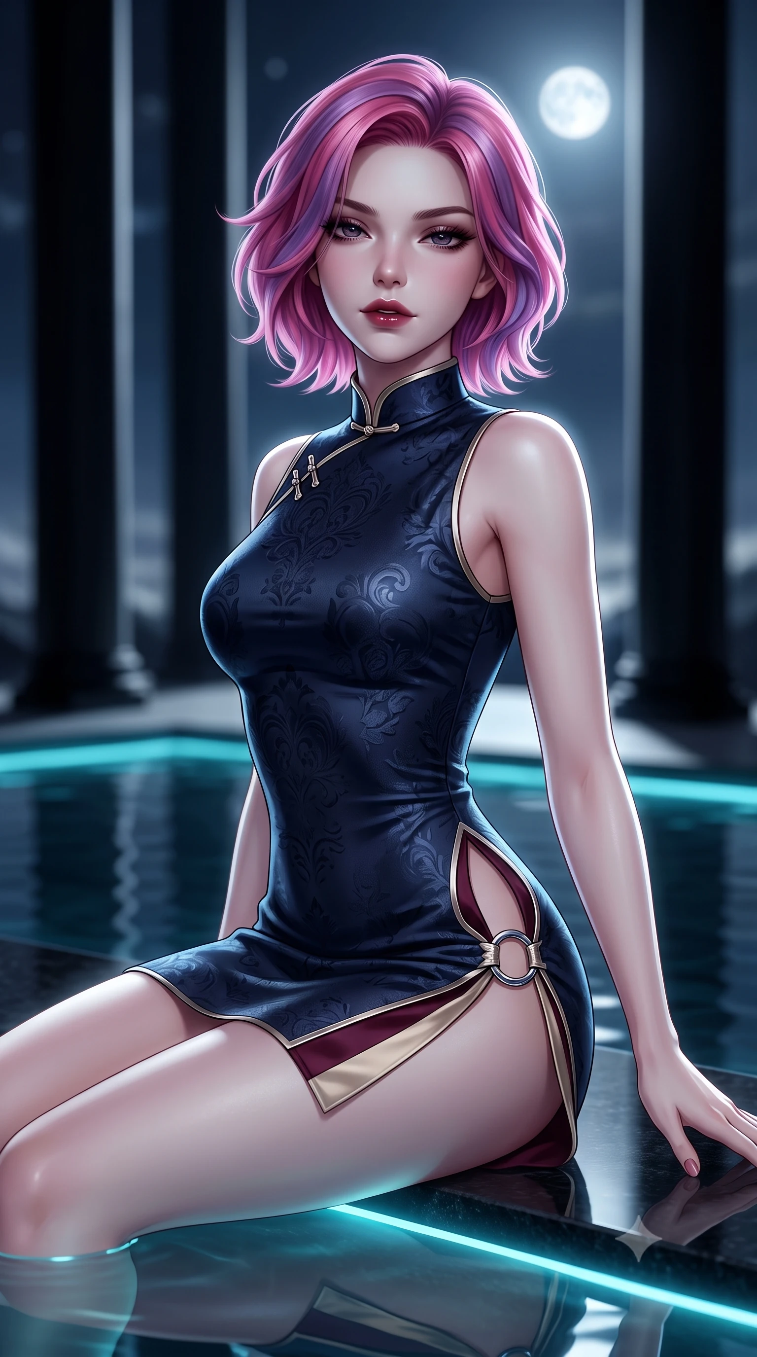 score_9, masterpiece, best quality, ultra-detailed, high-budget anime keyframe, semi-realistic 3D game render, editorial fashion photography, tasteful artistic composition, Caucasian woman. close-up cowboy shot from the waist and thighs up, the character dominates the composition, filling the frame with her large presence. glancing down over lowered lashes before meeting the camera with quiet, devastating intensity, her tailored outfit tracing her ultra-slim waist and hips while sitting gracefully at the water's edge of a mirror-still black granite reflection pool, arching her lower back as cold silver moonlight sculpts her silhouette. The composition keeps background elements in soft focus with dreamy creamy bokeh. soaring minimalist black basalt columns and distant open midnight sky with bright full moon blurred into cold platinum, silver, and obsidian bokeh. She has an exceptionally elegant, slender, and willowy female figure with an ultra-slim waist, flat toned midriff, narrow ribcage, and sculpted feminine hips creating an alluring, slim hourglass silhouette without bulk. sharp v-shaped jawline, high-bridge nose, intricate jewel-like dark sparkling eyes with dangerous depth, thick curled eyelashes, glossy parted lips with a rich wine sheen, smoldering seductive half-smile with bedroom-eyes, exuding effortless superiority and intoxicating dark allure, flawlessly proportioned anatomical accuracy, strict slender model proportions, natural body alignment, perfectly sculpted long slender limbs, ultra-slim waistline, clean dynamic posture without body distortion. wearing a modern tailored cheongsam mini dress in midnight navy jacquard silk with dramatic side hip slits in dark mulberry wine and antique champagne, tailored from rich silk jacquard with subtle embossed baroque patterns, accented with sculptural chrome hardware rings framing the subtle cutouts, the liquid-tight tailored fabric clinging flawlessly to her narrow waist and rounded feminine hips, emphasizing every millimeter of her sculpted slim hourglass curves without any bulky heaviness. illuminated by subtle underwater fiber-optic perimeter lights and crisp platinum rim lighting sharply carving her slim torso, narrow waist, and curvy hips. highly saturated vibrant anime colors, detailed shading with soft gradients, rich glossy textures, high-contrast stereoscopic depth, volumetric dynamic lighting, master piece, 9:16 ratio