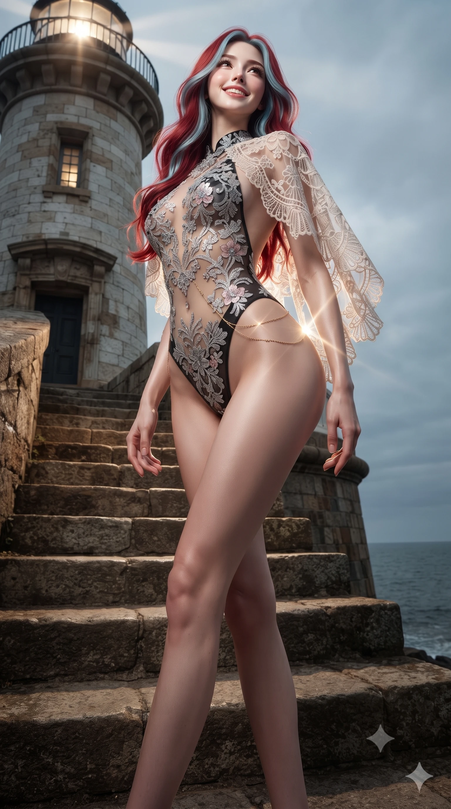 score_9, masterpiece, best quality, ultra-detailed, high-budget anime keyframe, editorial fashion photography, tasteful artistic composition, Caucasian woman. low angle full-body shot from head to toe showing her feet, filling the entire 9:16 vertical frame with her statuesque presence, stretching her vertical silhouette. sitting poised on the stone steps with one knee bent, arching her spine with supermodel elegance as she glances upward through thick eyelashes while twisting her slender torso in an alluring S-curve, periodic sweeping lighthouse beams casting radiant flashes across her flat midriff and hips. The surrounding environment is rendered in vivid detail and crisp panoramic clarity: detailed delicate semi-sheer macramé lace teddy with scalloped edges, open sides, and cape lighthouse architecture in razor-sharp precision. She has an exceptionally tall and slender model-like 8.5-heads proportion, an ultra-slim waist, a flat toned midriff, narrow delicate ribcage, and beautifully sculpted feminine hips creating a graceful, slim hourglass silhouette without any bulky heaviness, with impossibly long slender legs. sharp v-shaped jawline, high-bridge nose, intricate jewel-like sparkling eyes with depth, thick eyelashes, glossy parted lips with a natural peach sheen, bright cheerful beaming smile with an enchanting and coquettish sensual glint, exuding both youthful cute charm and seductive allure, flawlessly proportioned anatomical accuracy, strict slender model proportions, natural body alignment, perfectly sculpted long slender limbs, ultra-slim waistline, clean dynamic posture without body distortion. wearing an alluring backless sheer illusion mesh leotard with silver crystal flocking tracing her spine in Kyoto moonlit sakura blush and polished urushi black, made of delicate embroidered tulle lace with intricate floral motifs and soft transparency, accented with a dainty gold belly chain resting across her flat midriff and curving hips, the form-contouring silhouette accentuating her sculpted flat midriff, narrow delicate ribcage, and gracefully curvy hips with intoxicating allure. illuminated by sea spray specular highlights and sharp platinum-gold rim lights defining her jawline, narrow waist, and curvy hips. ultra-reflective glossy finish, specular highlights, rich textural contrasts, high-contrast stereoscopic depth, volumetric dynamic lighting, 2k, ultra detail, master piece, 9:16 ratio