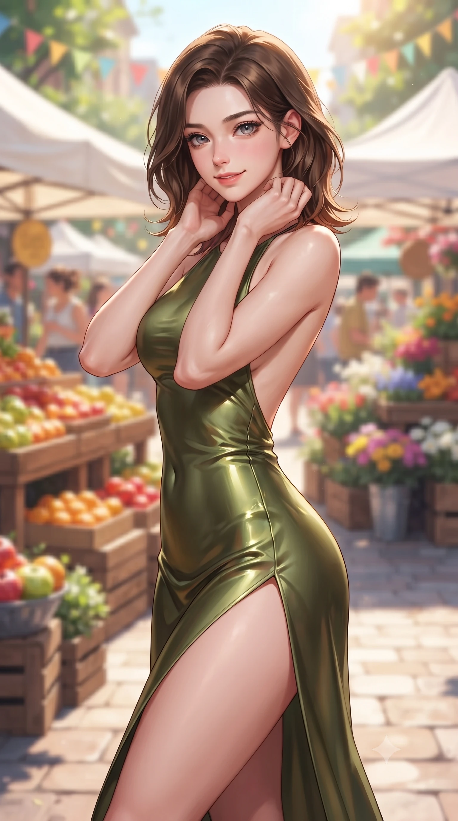 score_9, masterpiece, best quality, ultra-detailed, high-budget anime keyframe, editorial fashion photography, tasteful artistic composition, Korean woman woman. close-up cowboy shot from the waist and thighs up, the character dominates the composition, filling the frame with her large presence, background elements kept in soft focus. tilting her head slightly with a gentle, friendly smile under the warm sun the background shows a soft-focus a bustling market square with wooden stalls selling fresh fruit and flowers under white tents. She has an exceptionally elegant, slender, and willowy female figure with an ultra-slim waist, a gracefully sculpted slender torso, and a refined silhouette. sharp v-shaped jawline, high-bridge nose, intricate jewel-like eyes with depth, thick eyelashes, glossy lips with a natural sheen. wearing a body-hugging dramatic open-back maxi dress in olive green, featuring a high thigh slit. bright midday sun rays creating a lively and colorful atmosphere. ultra-reflective glossy finish, specular highlights, metallic sheen, high-contrast stereoscopic depth, volumetric dynamic lighting, 2k, ultra detail, master piece, 9:16 ratio