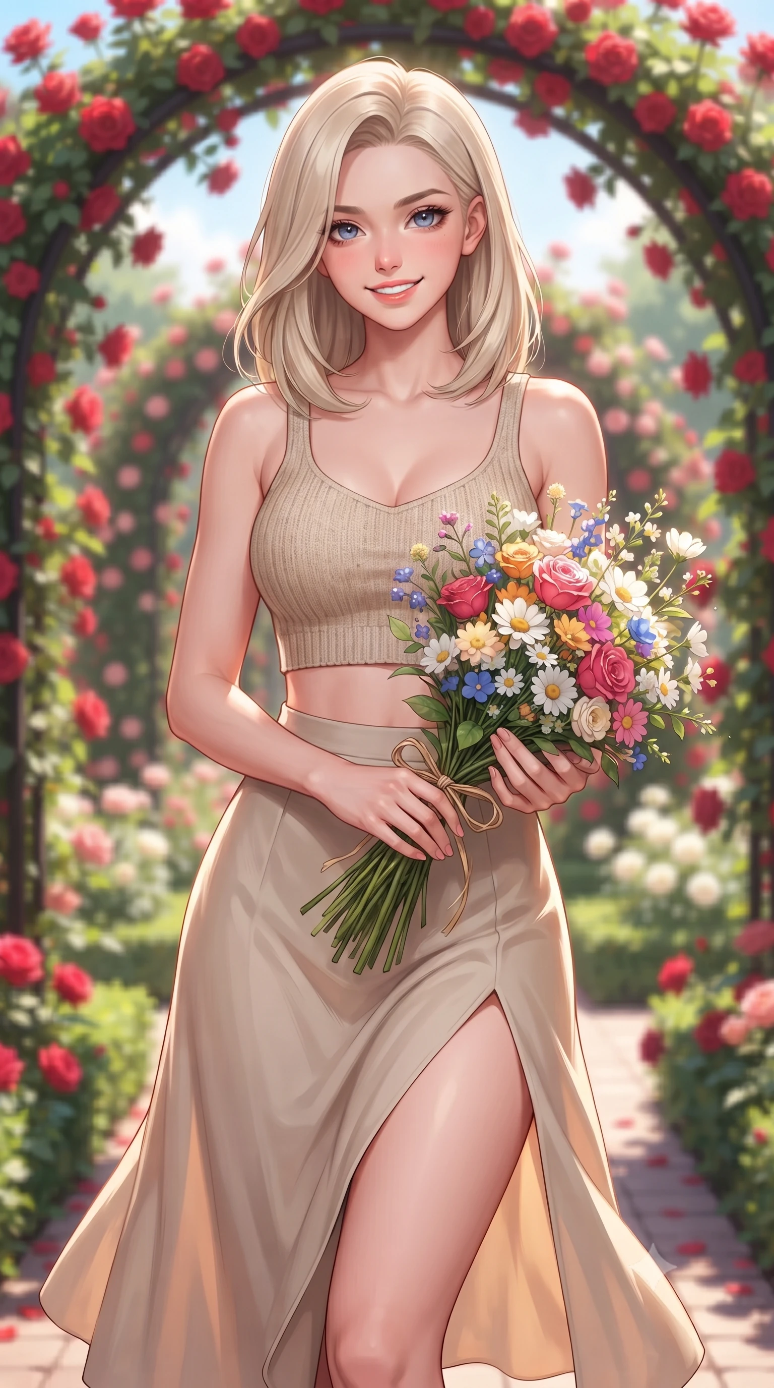 score_9, masterpiece, best quality, ultra-detailed, high-budget anime keyframe, editorial fashion photography, tasteful artistic composition, Caucasian woman. close-up cowboy shot from the waist and thighs up, the character dominates the composition, filling the frame with her large presence, background elements kept in soft focus. smiling with cute and bright self-assurance, looking directly at the viewer set against a soft-focus background of in a beautifully landscaped rose garden with archways of red roses holding a beautiful wildflower bouquet tied with a simple twine ribbon. She has an exceptionally elegant, slender, and willowy female figure with an ultra-slim waist, a gracefully sculpted slender torso, and a refined silhouette. sharp v-shaped jawline, high-bridge nose, intricate jewel-like eyes with depth, thick eyelashes, glossy lips with a natural sheen. wearing form-contouring crop top in oatmeal knit paired with a flowy midi skirt featuring a high side slit. bright midday sun rays highlighting the vibrant colors of the flowers. highly saturated vibrant anime colors, detailed shading with soft gradients, rich glossy textures, high-contrast stereoscopic depth, volumetric dynamic lighting, master piece, 9:16 ratio