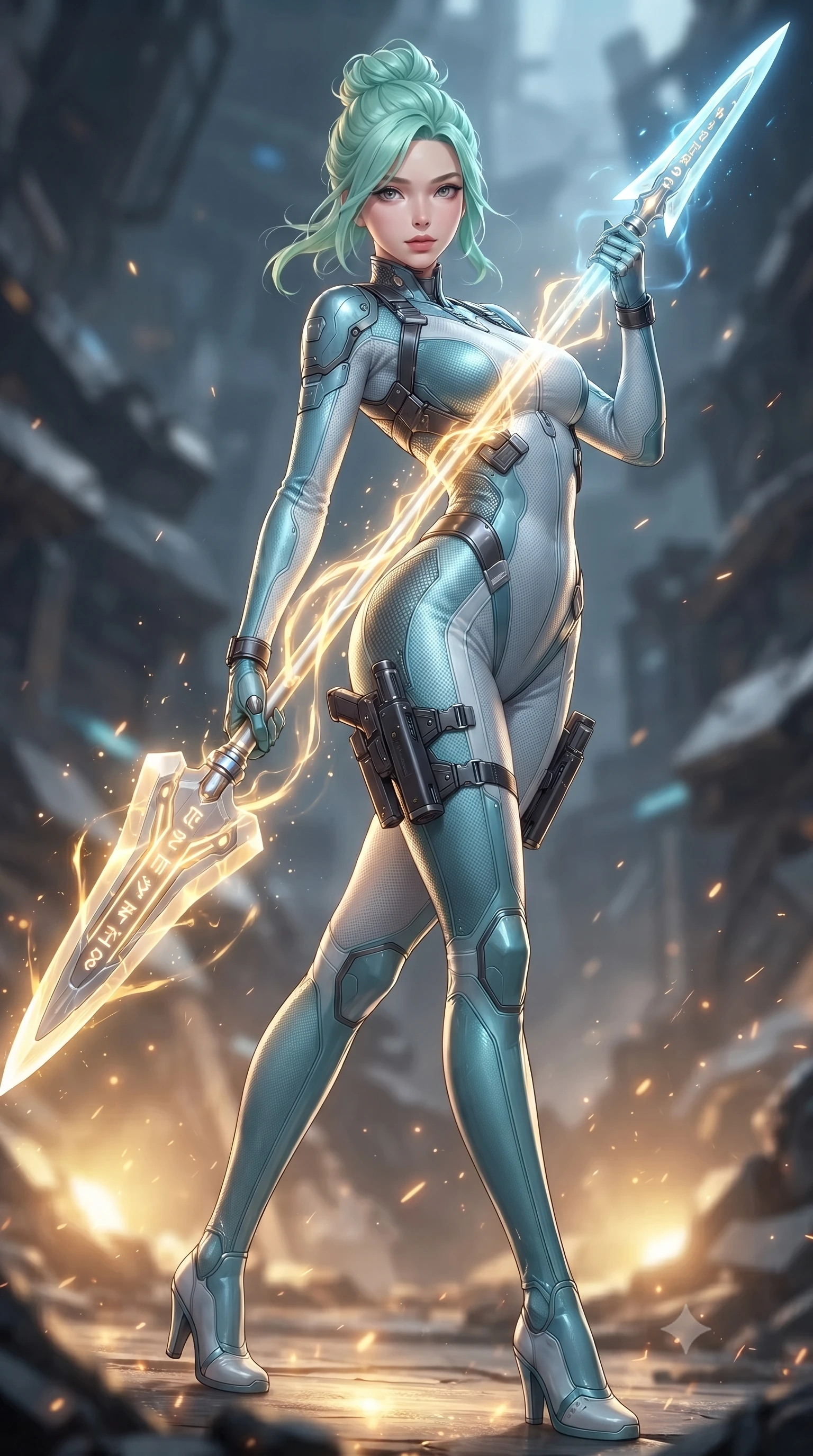 score_9, masterpiece, best quality, ultra-detailed, high-budget anime keyframe, editorial fashion photography, tasteful artistic composition, Japanese woman. low angle full-body shot from head to toe showing her feet, filling the entire 9:16 vertical frame with her statuesque presence, stretching her vertical silhouette. arching her spine in a fluid zero-gravity combat turn with sovereign grace, her long slender legs and sculpted torso creating a sweeping line of power while arching her spine in a fluid motion as glowing golden energy channels along the broad blade illuminate her sculpted torso. The composition keeps background elements in soft focus with creamy bokeh. sparks and glowing sword glyphs scattering radiant light motes across a ruined futuristic backdrop. She has an absolutely perfect, statuesque 8.5-heads proportion, an exceptionally tall and slender model-like female figure with impossibly long slender legs, a toned flat midriff, and an ultra-slim waist. sharp v-shaped jawline, high-bridge nose, intricate jewel-like eyes with depth, thick eyelashes, glossy lips with a natural sheen, flawlessly proportioned anatomical accuracy, strict slender model proportions, natural body alignment, perfectly sculpted long slender limbs, ultra-slim waistline, clean dynamic posture without body distortion. wearing an ultra-sleek glacial-cyan and white carbon-mesh combat bodysuit with frost-resistant plating, holding a glowing high-frequency cryo-energy spear with commanding poise in molten amber-gold carbon cuirass with dark titanium weave, crafted from ultra-strong woven carbon-fiber composite with a satin luster, detailed with magnetic weapon holsters and polished chrome connection clasps, the form-contouring material adhering flawlessly to her sculpted flat midriff and slender torso, emphasizing her long leg lines and perfectly proportioned willowy build. bathed in warm golden arena searchlights and glowing greatsword energy channel radiance. ultra-reflective glossy finish, specular highlights, dark metallic sheen, high-contrast stereoscopic depth, volumetric dynamic lighting, 2k, ultra detail, master piece, 9:16 ratio