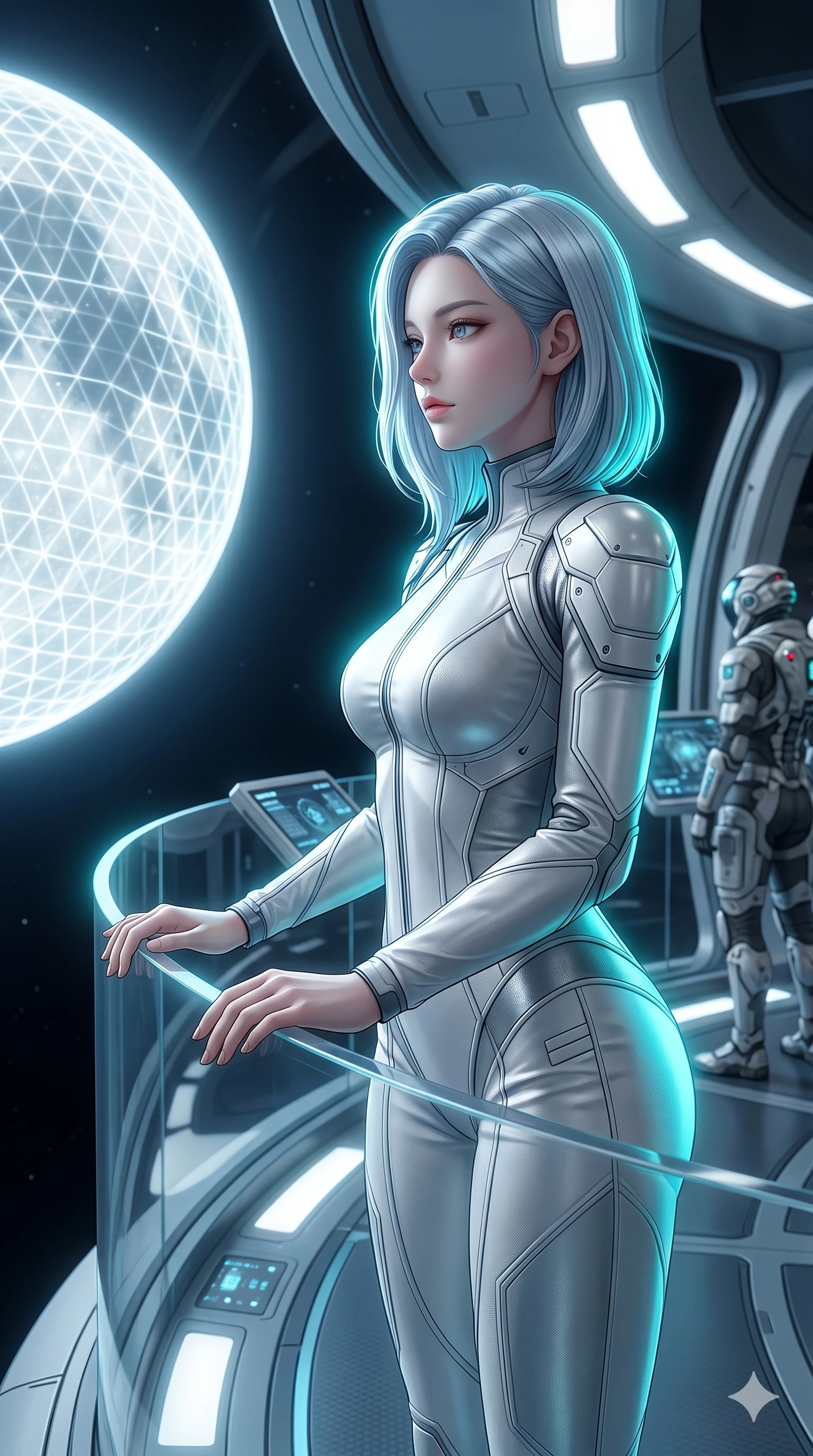 score_9, masterpiece, best quality, ultra-detailed, high-budget anime keyframe, semi-realistic 3D game render, Korean woman. Upper body close-up from the thighs up, character filling the screen for maximum presence. Inside a virtual reality observation deck, looking at a grid moon, looking at the moon with a serene, peaceful expression. She is wearing a sleek white and silver jumpsuit with structured shoulder panels. The scene is bathed in the cool white light of the grid moon and a cyan rim light. 2k, ultra detail, master piece, 9:16 ratio