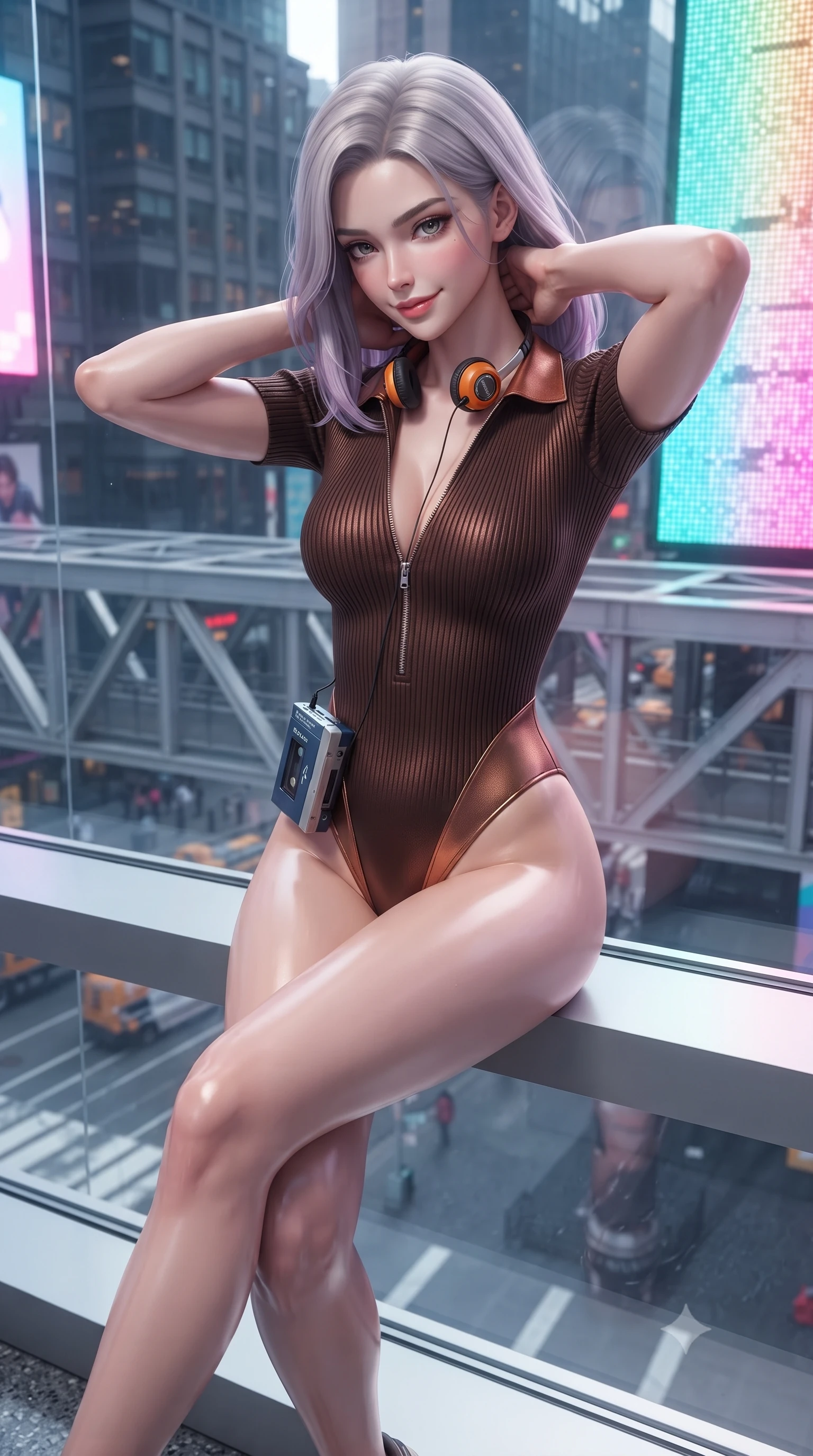 score_9, masterpiece, best quality, ultra-detailed, high-budget anime keyframe, editorial fashion photography, tasteful artistic composition, Caucasian woman. close-up cowboy shot from the waist and thighs up, the character dominates the composition, filling the frame with her large presence. resting both hands lightly behind her neck with elbows raised, arching her spine to highlight her narrow waist, flat midriff, and breathtaking collarbones while sitting perched on the wide window ledge with legs crossed, looking down at the city with effortless modern idol cool. The surrounding environment is rendered in vivid detail and crisp panoramic clarity: sharp glass window reflection clarity, pedestrian bridge steel truss beams, and digital screen pixel patterns in deep focus. She has an exceptionally elegant, slender, and willowy female figure with an ultra-slim waist, flat toned midriff, narrow ribcage, and sculpted feminine hips creating an alluring, slim hourglass silhouette without bulk. sharp v-shaped jawline, high-bridge nose, sparkling eyes with hypnotic seductive depth, thick curled eyelashes, glossy parted lips with a natural dewy peach sheen, alluring bedroom-eyes with an enchanting coquettish smile, exuding magnetic siren charisma and sophisticated glamour, flawlessly proportioned anatomical accuracy, strict slender model proportions, natural body alignment, perfectly sculpted long slender limbs, ultra-slim waistline, clean dynamic posture without body distortion. wearing a retro-chic ribbed knit polo bodysuit with a plunging front zipper and high-cut leg openings in sultry espresso bronze and metallic copper, woven from buttery-soft stretch lambskin leather adhering to her body like a second skin, complemented by a retro cassette walkman with vintage foam-padded orange headphones, the high-slit wrap tailoring accentuating her ultra-slim waistline and the enchanting curve of her feminine hips with alluring seductive charm. bathed in shifting multi-colored light radiating from giant outdoor digital billboards. ultra-reflective glossy finish, specular highlights, rich textural contrasts, high-contrast stereoscopic depth, volumetric dynamic lighting, 2k, ultra detail, master piece, 9:16 ratio
