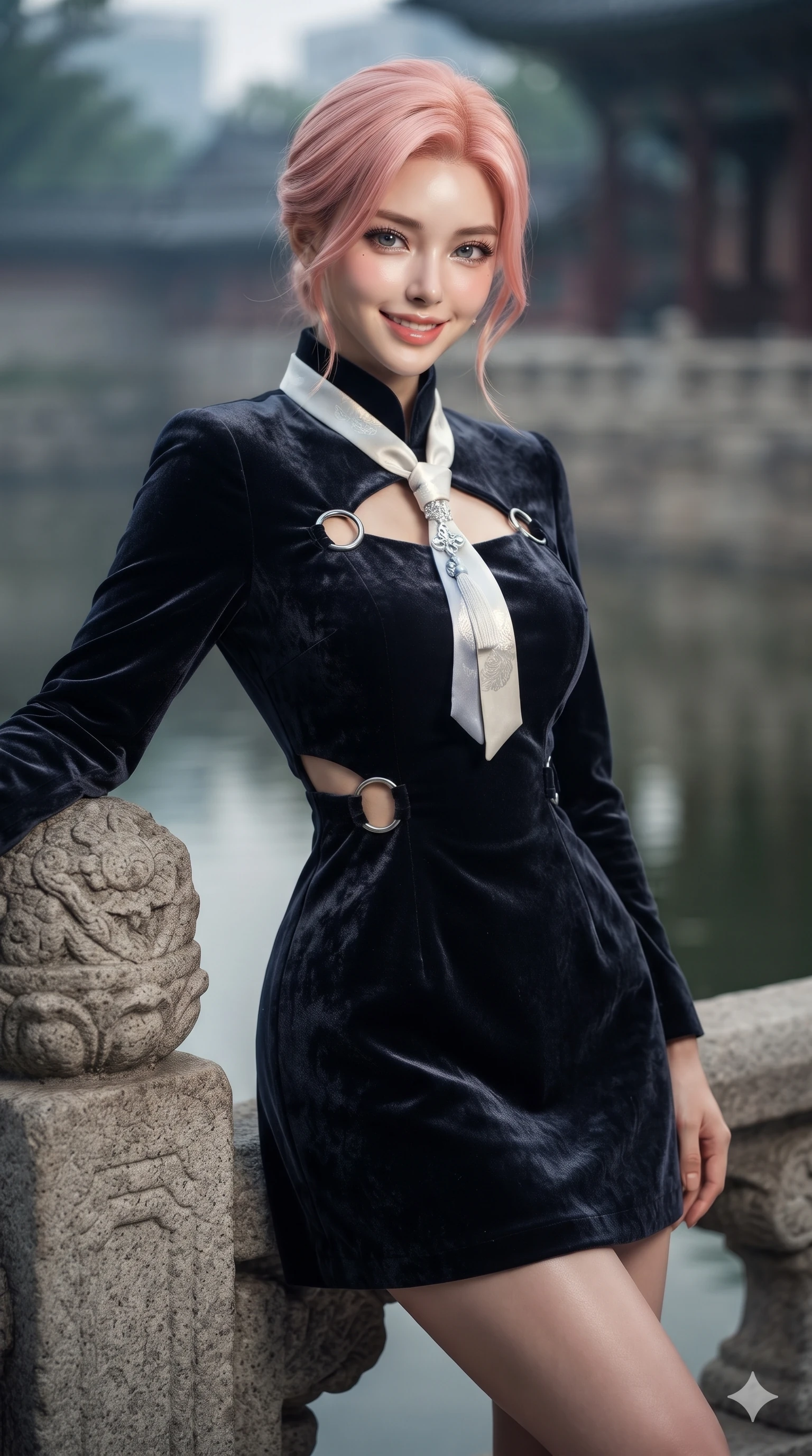 score_9, masterpiece, best quality, ultra-detailed, high-budget anime keyframe, editorial fashion photography, tasteful artistic composition, Japanese woman. close-up cowboy shot from the waist and thighs up, the character dominates the composition, filling the frame with her large presence. smiling with quiet, magnetic self-assurance directly into the camera, her sculpted waistline catching specular moonbeam highlights while leaning against the carved stone water arch with hips cocked back, looking through thick curled eyelashes with an enchanting, dangerous smile. The background shows a soft-focus historic royal palace moat softened in atmospheric architectural shallow focus. She has an exceptionally elegant, slender, and willowy female figure with an ultra-slim waist, flat toned midriff, narrow ribcage, and sculpted feminine hips creating an alluring, slim hourglass silhouette without bulk. sharp v-shaped jawline, high-bridge nose, sparkling eyes with hypnotic seductive depth, thick curled eyelashes, glossy parted lips with a natural dewy peach sheen, alluring bedroom-eyes with an enchanting coquettish smile, exuding magnetic siren charisma and sophisticated glamour, flawlessly proportioned anatomical accuracy, strict slender model proportions, natural body alignment, perfectly sculpted long slender limbs, ultra-slim waistline, clean dynamic posture without body distortion. wearing a bespoke high-neck modernized hanbok coat dress with an architectural collar and silk norigae knot tie in celestial pearl white and moonlight platinum, tailored from crushed dark velvet with deep light-absorbing plush texture, accented with sculptural chrome hardware rings framing the subtle cutouts, the impeccably tailored cut draping gracefully along her slender figure with aristocratic eastern poise. illuminated by moat water reflection bounce and sharp gold-cyan rim lights sculpting her razor-sharp jawline, narrow waist, and curvy hips. ultra-reflective glossy finish, specular highlights, rich textural contrasts, high-contrast stereoscopic depth, volumetric dynamic lighting, 2k, ultra detail, master piece, 9:16 ratio