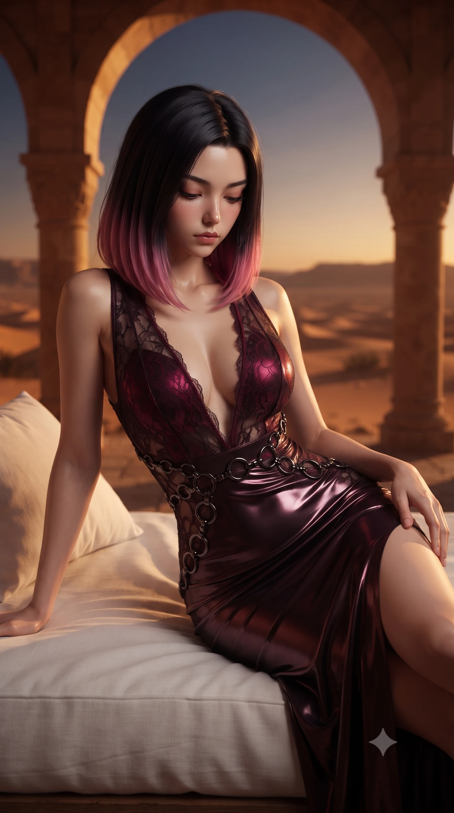 score_9, masterpiece, best quality, ultra-detailed, high-budget anime keyframe, editorial fashion photography, tasteful artistic composition, Korean woman. close-up cowboy shot from the waist and thighs up, the character dominates the composition, filling the frame with her large presence, background elements kept in soft focus. Looking down with lowered lashes and a composed, powerful dark aura, lounging on a white linen daybed surrounded by open arches overlooking the desert, sandstone architecture providing a warm natural background plane. She has an exceptionally elegant, slender, and willowy female figure with an ultra-slim waist, a gracefully sculpted slender torso, and a refined silhouette. sharp v-shaped jawline, high-bridge nose, intricate jewel-like eyes with depth, thick eyelashes, glossy lips with a natural sheen. wearing gothic nebula sheer dark lace gown with plunging neckline in deep crimson burgundy, made of liquid dark mercury jersey, trimmed with dark chrome ring hardware along the waist contours, following her slender form with tailored precision. bathed in dramatic golden-amber and deep desert sky contrast. ultra-reflective glossy finish, specular highlights, metallic sheen, high-contrast stereoscopic depth, volumetric dynamic lighting, 2k, ultra detail, master piece, 9:16 ratio