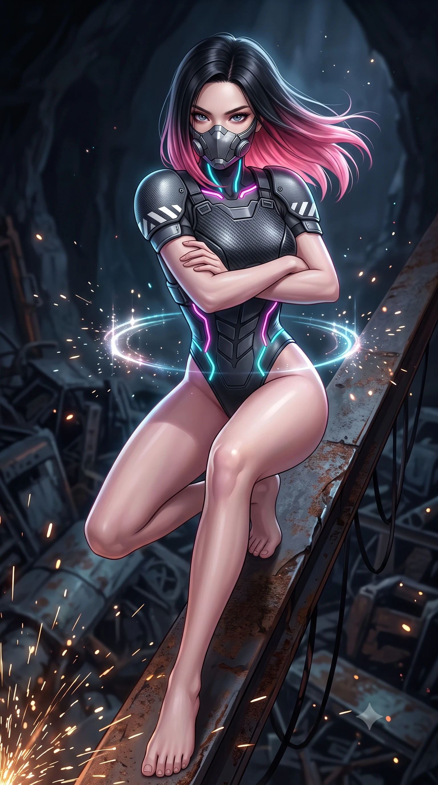 score_9, masterpiece, best quality, ultra-detailed, high-budget anime keyframe, semi-realistic 3D game render, editorial fashion photography, tasteful artistic composition, Korean woman. close-up cowboy shot from the waist and thighs up, the character dominates the composition, filling the frame with her large presence. shifting into a low cat-stance with arms crossed defensively, glowing energy conduits tracing her ultra-slim waist and sculpted clavicle while stepping along a narrow rusted crane beam suspended above the metal graveyard with supreme supermodel balance. The composition keeps background elements in soft focus with creamy bokeh. sparkling sonar pulse rings and grinding metal sparks scattering light motes across a dark cavern backdrop. She has an exceptionally elegant, slender, and willowy female figure with an ultra-slim waist, a gracefully sculpted slender torso, toned flat midriff, and a refined slim silhouette. sharp v-shaped jawline, high-bridge nose, intricate jewel-like eyes with depth, thick eyelashes, glossy lips with a natural sheen, fierce and resolute heroine expression, flawlessly proportioned anatomical accuracy, strict slender model proportions, natural body alignment, perfectly sculpted long slender limbs, ultra-slim waistline, clean dynamic posture without body distortion. wearing a sleek titanium half-face combat rebreather guard protecting her lower jaw while leaving her expressive eyes and long hair flowing freely, paired with a heavy modular carbon-fiber combat cuirass paired with a second-skin tactical leotard and reinforced titanium shoulder pauldrons in storm-grey carbon mesh with high-contrast white hazard stripes, made of liquid carbon-jersey fabric accentuating every curve of her tall, slender model proportions, complemented by criss-cross back harness straps highlighting her completely bare spine, the liquid-tight tailored fabric emphasizing every curve of her tall, slender model proportions and sculptured silhouette during dynamic movement. surrounded by a gritty, dangerous, and irresistibly powerful cybernetic queen of the underworld aura. rich saturated anime colors with glowing neon highlights, detailed shading with soft gradients, rich glossy textures, high-contrast stereoscopic depth, volumetric dynamic lighting, master piece, 9:16 ratio