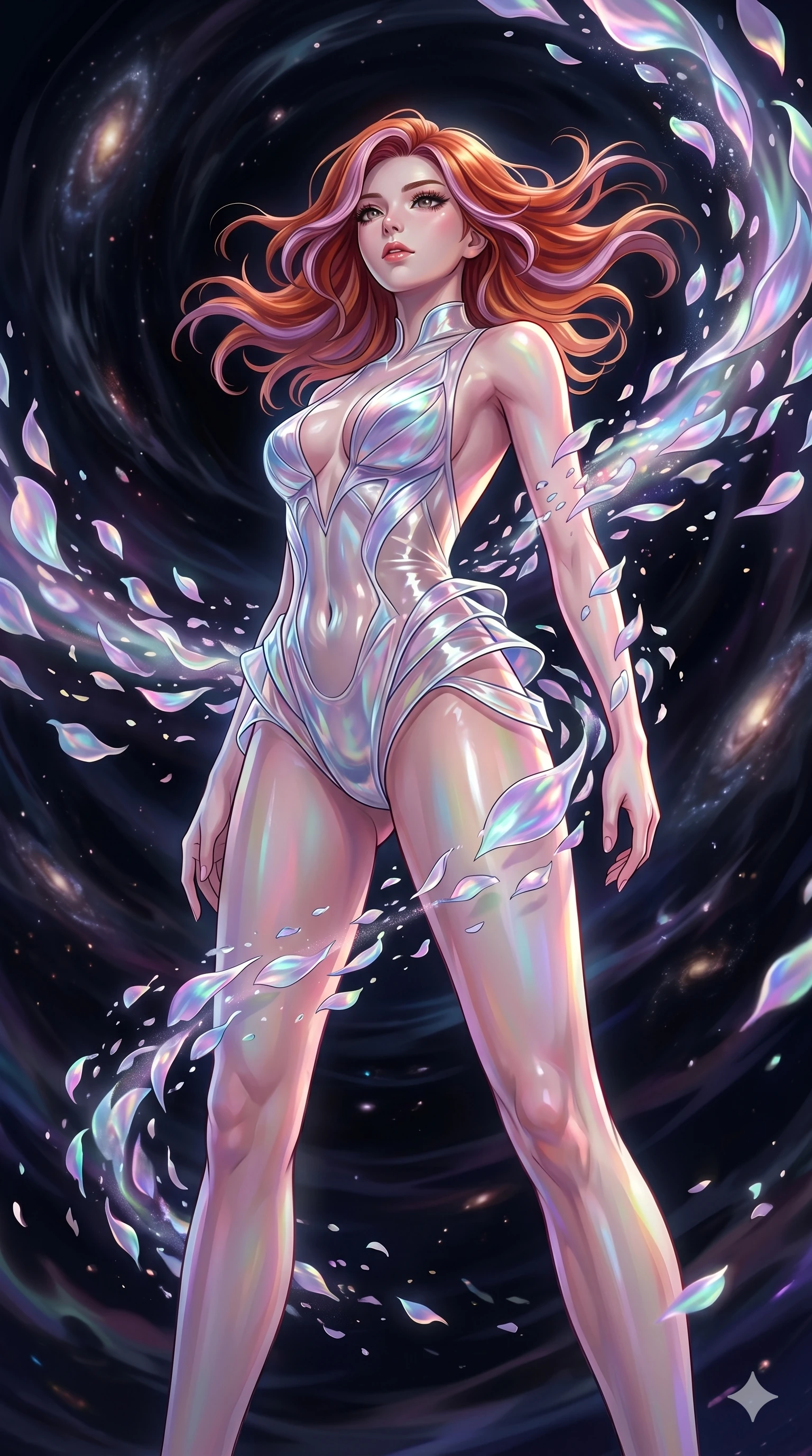 score_9, masterpiece, best quality, ultra-detailed, High-budget Anime Keyframe, East Asian woman. Low angle cowboy shot filling the entire 9:16 frame with her statuesque presence. Scenario 291: Dissolving into a cloud of iridescent silk petals in a void. Her presence is magnetic and overpowering in this high-budget anime scene. Outfit 291: A translucent PVC dangerous with a backless design and wet-look texture. The clothing is designed to emphasize her exceptionally tall and slender 8-heads proportion. 8-heads proportion, towering silhouette, ultra-slim waist. sharp v-shaped jawline, intricate jewel-like eyes with depth, thick eyelashes, glossy lips. 2k, ultra detail, master piece, 9:16 ratio