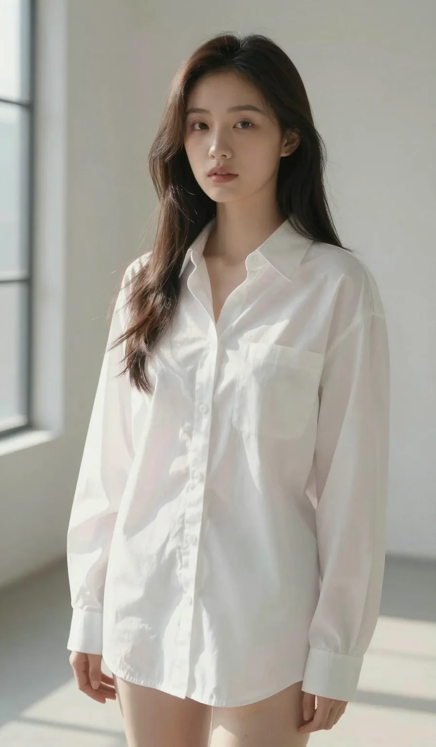 (masterpiece:1.2), best quality, highres, (1girl:1.3), stunning woman, sleek pixie cut, (white oversized shirt:1.1), morning light in a minimalist loft, simple elegance, 2k, ultra detail, 9:16 ratio