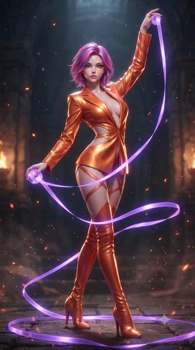 score_9, masterpiece, best quality, ultra-detailed, High-budget Anime Keyframe, editorial fashion photography, tasteful artistic composition, realistic cosplay photography, Caucasian woman, strictly human ears. Dynamic full-body shot stretching the v