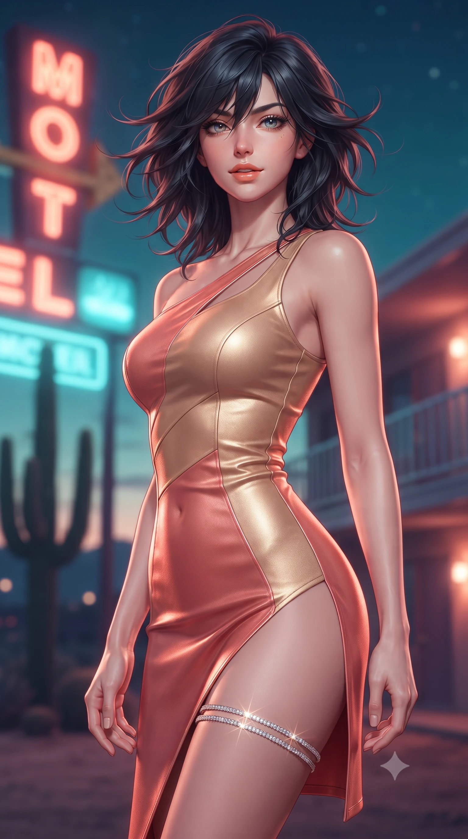 score_9, masterpiece, best quality, ultra-detailed, high-budget anime keyframe, editorial fashion photography, tasteful artistic composition, Caucasian woman. close-up cowboy shot from the waist and thighs up, the character dominates the composition, filling the frame with her large presence. turning slowly with an enchanting smoldering smile, her glossy hair tossing in the breeze as her hips angle gracefully in a captivating contrapposto while twisting her slender torso in an alluring contrapposto stance, warm desert night air rustling the towering saguaro cacti behind her. The background shows a soft-focus glowing neon motel sign letters, towering saguaro silhouettes, and motel balcony railings blurred into turquoise, coral, and violet bokeh. She has an exceptionally elegant, slender, and willowy female figure with an ultra-slim waist, flat toned midriff, narrow ribcage, and sculpted feminine hips creating an alluring, slim hourglass silhouette without bulk. sharp v-shaped jawline, high-bridge nose, sparkling eyes with hypnotic seductive depth, thick curled eyelashes, glossy parted lips with a natural dewy peach sheen, alluring bedroom-eyes with an enchanting coquettish smile, exuding magnetic siren charisma and sophisticated glamour, flawlessly proportioned anatomical accuracy, strict slender model proportions, natural body alignment, perfectly sculpted long slender limbs, ultra-slim waistline, clean dynamic posture without body distortion. wearing an asymmetric one-shoulder metallic leather mini dress with a dramatic side slit hugging her narrow waist and hips in sun-kissed coral pink and golden sand beige, tailored from second-skin technical compression neoprene with athletic curve-sculpting stretch, finished with delicate crystal-encrusted thigh garter straps glinting in the sunlight, the liquid-tight tailored fabric clinging flawlessly to her narrow waist and rounded feminine hips, emphasizing every millimeter of her sculpted slim hourglass curves without any bulky heaviness. bathed in glowing neon coral-and-cyan light radiating from the vintage roadside motel sign. ultra-reflective glossy finish, specular highlights, rich textural contrasts, high-contrast stereoscopic depth, volumetric dynamic lighting, 2k, ultra detail, master piece, 9:16 ratio