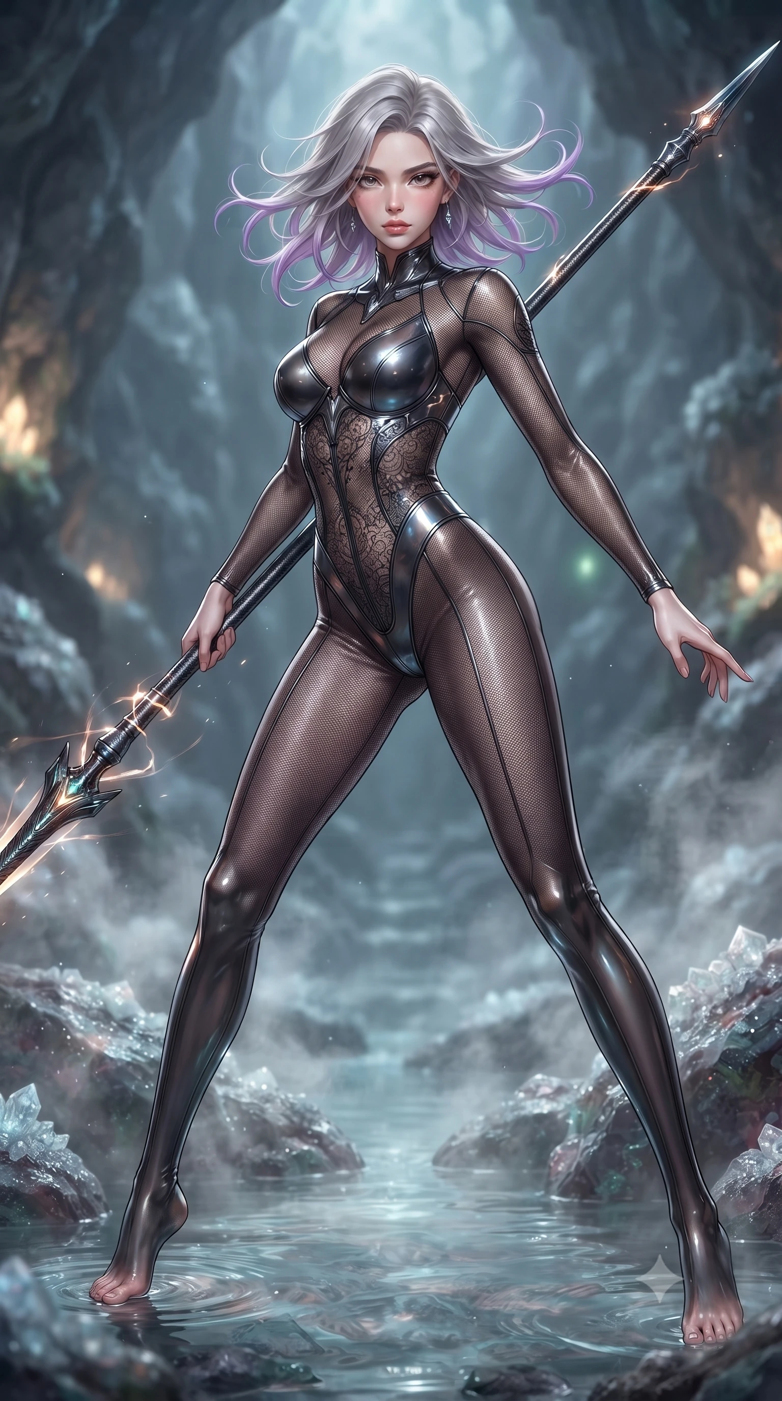 score_9, masterpiece, best quality, ultra-detailed, high-budget anime keyframe, editorial fashion photography, tasteful artistic composition, Caucasian woman. low angle full-body shot from head to toe showing her feet, filling the entire 9:16 vertical frame with her statuesque presence, stretching her vertical silhouette. standing in a dynamic combat stance with a carbon-fiber spear held diagonally, stretching her statuesque body, the background shows a soft-focus a mineral water pool inside a geode cave, with steam rising around rocks. She has an absolutely perfect, statuesque 8.5-heads proportion, an exceptionally tall and slender model-like female figure with impossibly long slender legs and an ultra-slim waist. sharp v-shaped jawline, high-bridge nose, intricate jewel-like eyes with depth, thick eyelashes, glossy lips with a natural sheen. wearing a form-contouring semi-opaque dark mesh catsuit with carbon-plated cups and fine lace-pattern panels across her torso. soft flickering light from glowing lichen reflecting off the water surface. ultra-reflective glossy finish, specular highlights, metallic sheen, high-contrast stereoscopic depth, volumetric dynamic lighting, 2k, ultra detail, master piece, 9:16 ratio