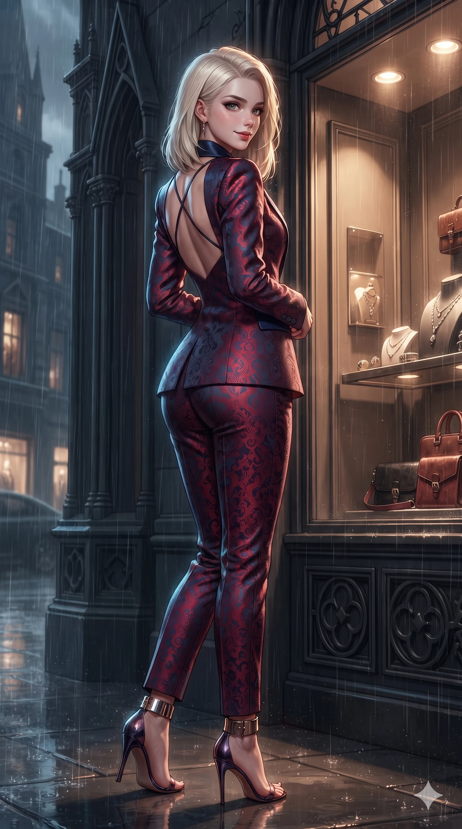 score_9, masterpiece, best quality, ultra-detailed, high-budget anime keyframe, editorial fashion photography, tasteful artistic composition, Caucasian woman. close-up cowboy shot from the waist and thighs up, the character dominates the composition, filling the frame with her large presence. pausing beside an illuminated luxury boutique window with hips cocked back, glancing back with an enchanting, dangerous smile through falling rain while posing in an alluring rear three-quarter angle, turning over a bare shoulder with an intoxicating, smoldering gaze, her hips cocked back to highlight her slim hourglass curve. The surrounding environment is rendered in vivid detail and crisp panoramic clarity: detailed silk satin slip drape, delicate back strap criss-cross, and gothic architectural lines in razor-sharp precision. She has an exceptionally elegant, slender, and willowy female figure with an ultra-slim waist, flat toned midriff, narrow ribcage, and sculpted feminine hips creating an alluring, slim hourglass silhouette without bulk. sharp v-shaped jawline, high-bridge nose, intricate jewel-like dark sparkling eyes with dangerous depth, thick curled eyelashes, glossy parted lips with a rich wine sheen, smoldering seductive half-smile with bedroom-eyes, exuding effortless superiority and intoxicating dark allure, flawlessly proportioned anatomical accuracy, strict slender model proportions, natural body alignment, perfectly sculpted long slender limbs, ultra-slim waistline, clean dynamic posture without body distortion. wearing a structured high-neck houndstooth tailored pantsuit with liquid satin lapels in Tokyo Tower scarlet crimson and midnight indigo, tailored from rich silk jacquard with subtle embossed baroque patterns, complemented by strappy stiletto heels with metallic ankle cuffs accentuating her slender calves, the bespoke structured tailoring following the natural line of her 8.5-heads silhouette with refined elegance. illuminated by river water reflection bounce and sharp electric-cyan rim lights sculpting her razor-sharp jawline, narrow waist, and curvy hips. ultra-reflective glossy finish, specular highlights, rich textural contrasts, high-contrast stereoscopic depth, volumetric dynamic lighting, 2k, ultra detail, master piece, 9:16 ratio