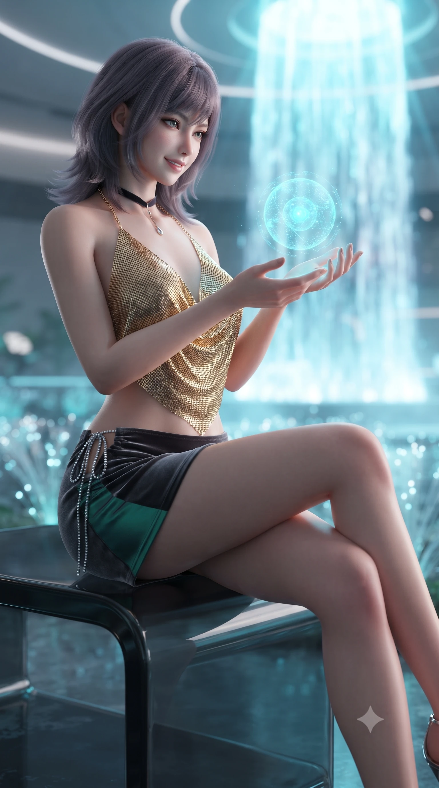 score_9, masterpiece, best quality, ultra-detailed, high-budget anime keyframe, editorial fashion photography, tasteful artistic composition, Japanese woman. close-up cowboy shot from the waist and thighs up, the character dominates the composition, filling the frame with her large presence. perched sideways on the lounge seat, one knee drawn up to showcase her slender leg line while her arched back accentuates her feminine hip curve while perched sideways on a glass monolith with legs crossed, holding a floating digital data orb with effortless cyber-queen charm. The background shows a soft-focus submerged fiber-optic lights softened in avant-garde sci-fi shallow focus. She has an exceptionally elegant, slender, and willowy female figure with an ultra-slim waist, flat toned midriff, narrow ribcage, and sculpted feminine hips creating an alluring, slim hourglass silhouette without bulk. sharp v-shaped jawline, high-bridge nose, sparkling eyes with hypnotic seductive depth, thick curled eyelashes, glossy parted lips with a natural dewy peach sheen, alluring bedroom-eyes with an enchanting coquettish smile, exuding magnetic siren charisma and sophisticated glamour, flawlessly proportioned anatomical accuracy, strict slender model proportions, natural body alignment, perfectly sculpted long slender limbs, ultra-slim waistline, clean dynamic posture without body distortion. wearing a liquid gold chainmail cowl halter top paired with an ultra-low-rise velvet mini skirt and side rhinestone ties in iridescent emerald satin and dark charcoal velvet, crafted from wet-look high-gloss vinyl fabric with dazzling specular surface reflections, finished with a thin velvet ribbon choker and a single teardrop diamond pendant, the second-skin tailored fabric adhering flawlessly to her sculpted flat midriff and slender torso, emphasizing her long leg lines and perfectly proportioned willowy build. bathed in brilliant cascading cyan and white light radiating from the monumental holographic waterfall. ultra-reflective glossy finish, specular highlights, rich textural contrasts, high-contrast stereoscopic depth, volumetric dynamic lighting, 2k, ultra detail, master piece, 9:16 ratio