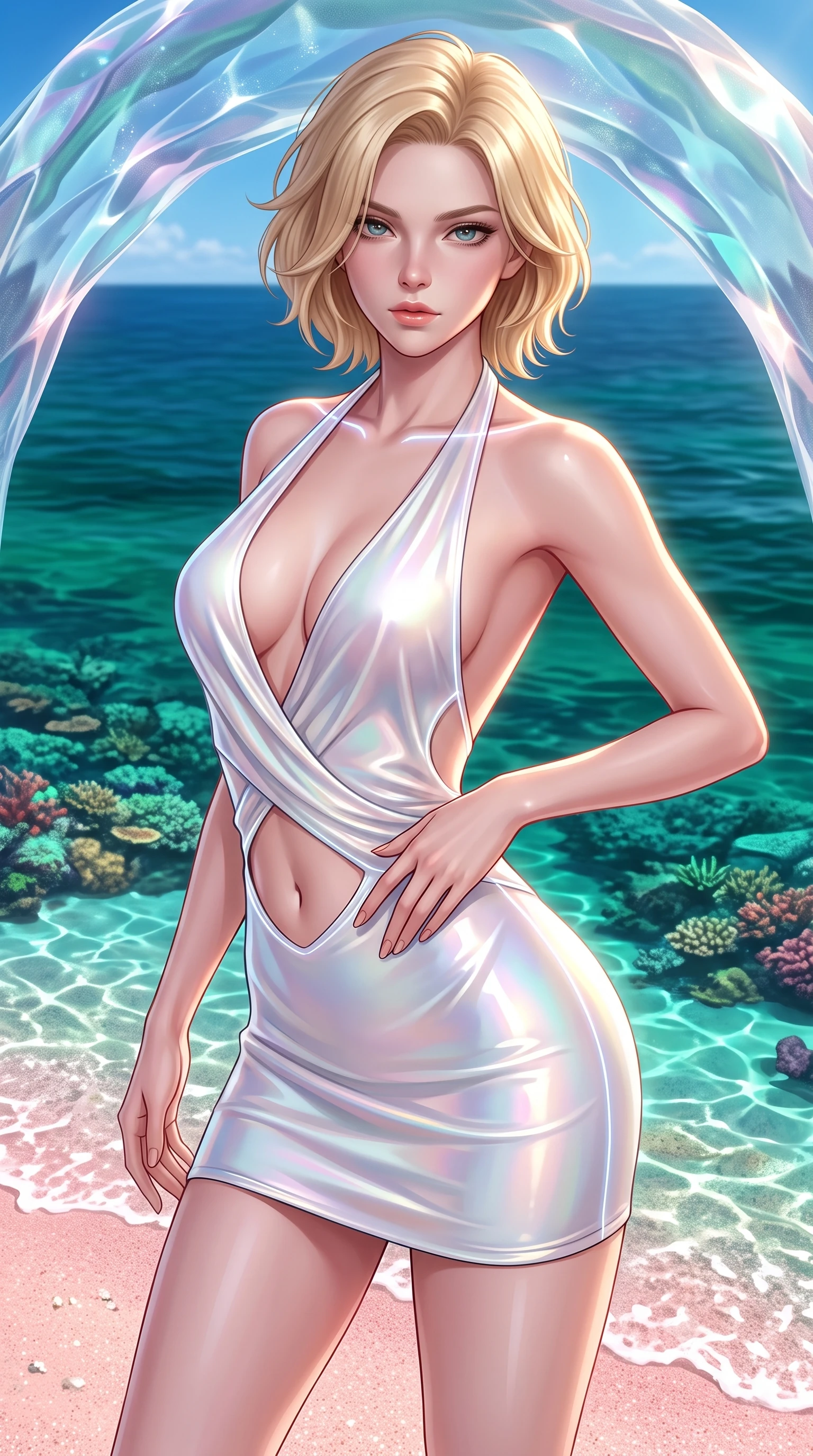 score_9, masterpiece, best quality, ultra-detailed, high-budget anime keyframe, semi-realistic 3D game render, editorial fashion photography, tasteful artistic composition, Caucasian woman. close-up cowboy shot from the waist and thighs up, the character dominates the composition, filling the frame with her large presence. twisting her upper body in a dynamic S-curve with an alluring smolder, one hand trailing along her slender waist while arching her back in a fluid motion beneath a translucent crystal sea arch with the sparkling lagoon stretching behind. The surrounding environment is rendered in vivid detail and crisp panoramic clarity. vibrant coral reef textures beneath crystal water, fine pink sand grains, and emerald ocean gradients in deep focus. She has an exceptionally elegant, slender, and willowy female figure with an ultra-slim waist, a gracefully sculpted slender torso, toned flat midriff, and a refined slim silhouette. sharp v-shaped jawline, high-bridge nose, intricate jewel-like eyes with depth, thick eyelashes, glossy lips with a natural sheen, flawlessly proportioned anatomical accuracy, strict slender model proportions, natural body alignment, perfectly sculpted long slender limbs, ultra-slim waistline, clean dynamic posture without body distortion. wearing a form-contouring liquid satin halter-neck mini dress with a deep crossover cowl front, open back, and ultra-slender waist drape in glistening liquid pearl white with rainbow opalescence, crafted from ultra-reflective second-skin latex with a high-gloss glass-like polish, accented with glowing fiber-optic seams tracing her collarbones and hip curves, the precision-cut daring openings accentuating her delicate midriff, graceful bare collarbones, and ultra-slim feminine waistline. illuminated by pure sky radiance with crisp golden rim lights accentuating her silhouette. highly saturated vibrant anime colors, detailed shading with soft gradients, rich glossy textures, high-contrast stereoscopic depth, volumetric dynamic lighting, master piece, 9:16 ratio