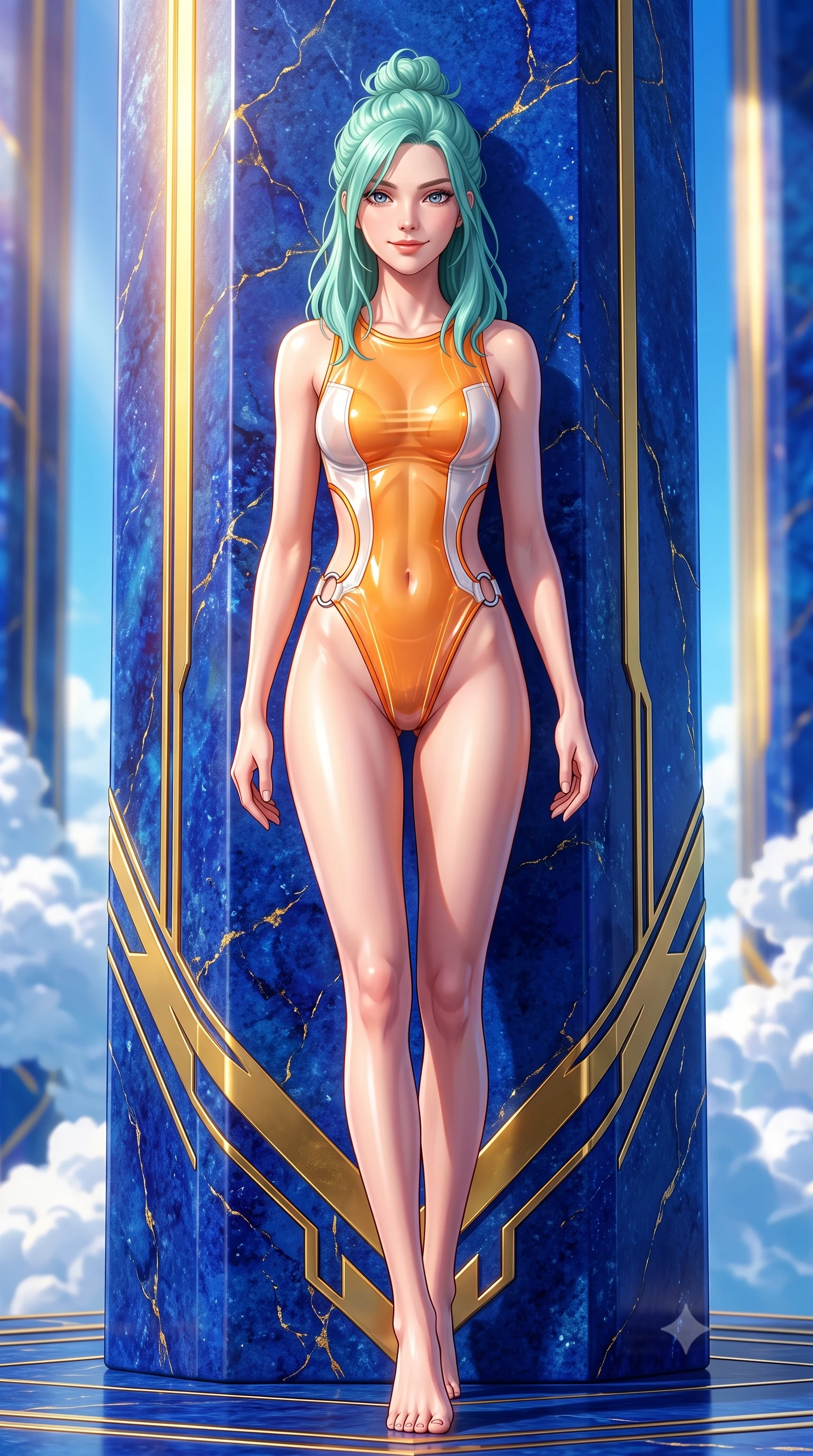 score_9, masterpiece, best quality, ultra-detailed, high-budget anime keyframe, semi-realistic 3D game render, editorial fashion photography, tasteful artistic composition, Japanese woman. low angle full-body shot from head to toe showing her feet, filling the entire 9:16 vertical frame with her statuesque presence, stretching her vertical silhouette. striding forward in a proud, statuesque motion with a dangerous smolder, her vertical silhouette dominating the frame from head to toe while leaning against a monolithic deep blue gemstone pillar with a sovereign, captivating smile looking directly into the lens. The surrounding environment is rendered in vivid detail and crisp panoramic clarity. intricate lapis lazuli gemstone veins, polished pure gold inlay patterns, and sharp cloud formations in deep focus. She has an absolutely perfect, statuesque 8.5-heads proportion, an exceptionally tall and slender model-like female figure with impossibly long slender legs, a toned flat midriff, and an ultra-slim waist. sharp v-shaped jawline, high-bridge nose, intricate jewel-like eyes with depth, thick eyelashes, glossy lips with a natural sheen, flawlessly proportioned anatomical accuracy, strict slender model proportions, natural body alignment, perfectly sculpted long slender limbs, ultra-slim waistline, clean dynamic posture without body distortion. wearing a high-cut translucent vinyl leotard with front paneling, exposed side-rib cutouts, and an open back in vivid sunset amber orange and cloud white, tailored from semi-translucent cybernetic vinyl with glowing micro-filaments, detailed with polished silver rings connecting the daring side-waist cutouts, the form-contouring material adhering flawlessly to her sculpted flat midriff and slender torso, emphasizing her long leg lines and perfectly proportioned willowy build. bathed in intense vertical golden sunbursts and rich sky-blue ambient bounce light. highly saturated vibrant anime colors, detailed shading with soft gradients, rich glossy textures, high-contrast stereoscopic depth, volumetric dynamic lighting, master piece, 9:16 ratio