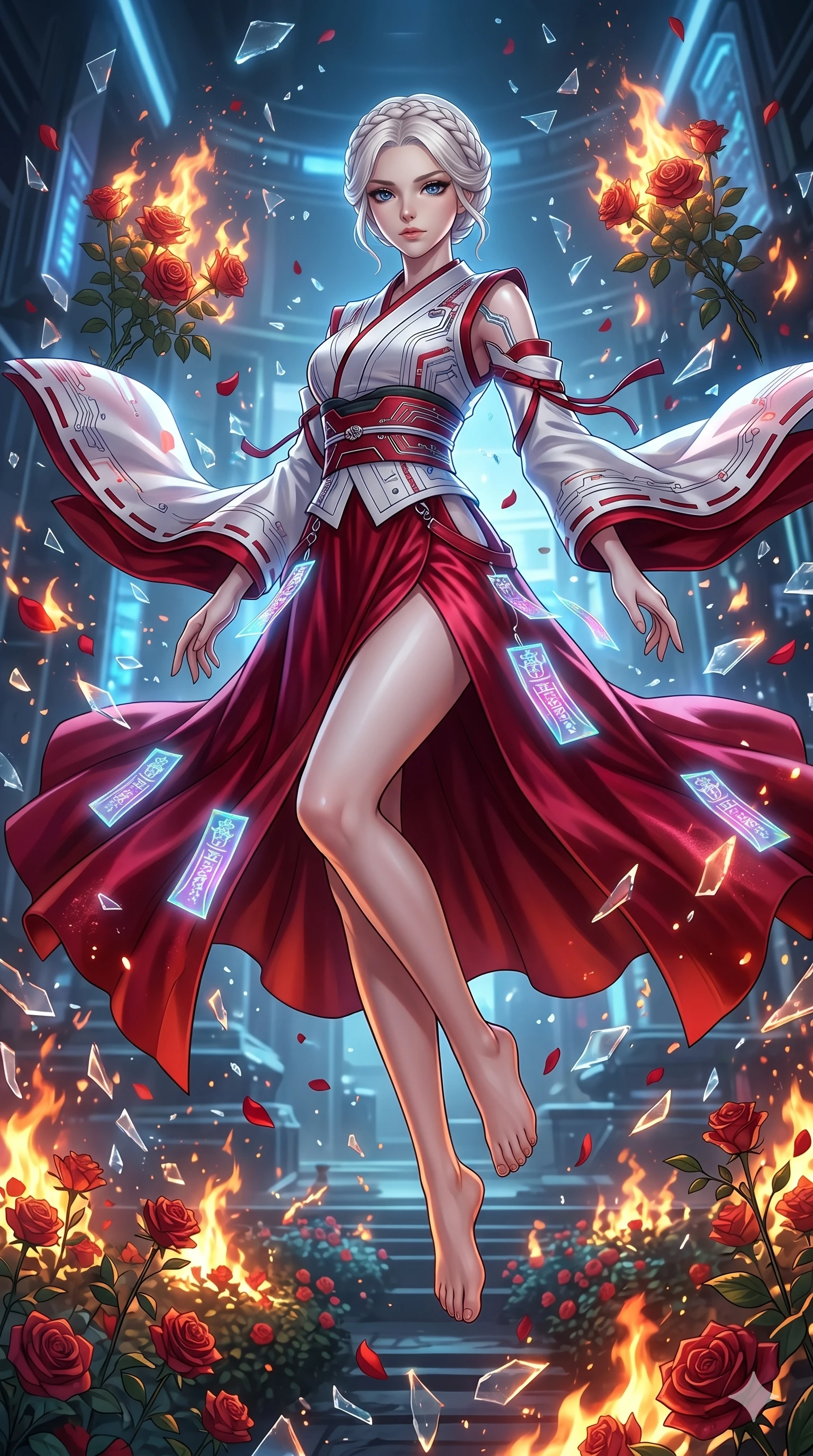 score_9, masterpiece, best quality, ultra-detailed, Set A: High-budget Anime Keyframe, Japanese woman. Low angle cowboy shot filling the entire 9:16 frame with her statuesque presence. Floating through a burning rose garden, as gravity fails and everything around her floats in state 136 and surrounded by shattered glass fragments. She has an absolutely perfect 8-heads proportion, an exceptionally tall and slender female figure with impossibly long slender legs and an ultra-slim waist. Sharp v-shaped jawline, high-bridge nose, intricate jewel-like eyes with depth, thick eyelashes, glossy lips with a natural sheen. Wearing Cyber-miko outfit with holographic paper charms and a high-slit red silk skirt. Cinematic lighting, vibrant colors, dramatic shadows, 2k, ultra detail, master piece, 9:16 ratio