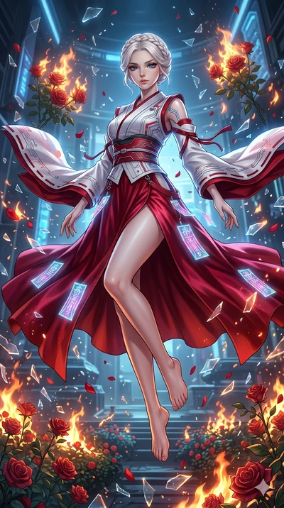 score_9, masterpiece, best quality, ultra-detailed, Set A: High-budget Anime Keyframe, Japanese woman. Low angle cowboy shot filling the entire 9:16 frame with her statuesque presence. Floating through a burning rose garden, as gravity fails and ever