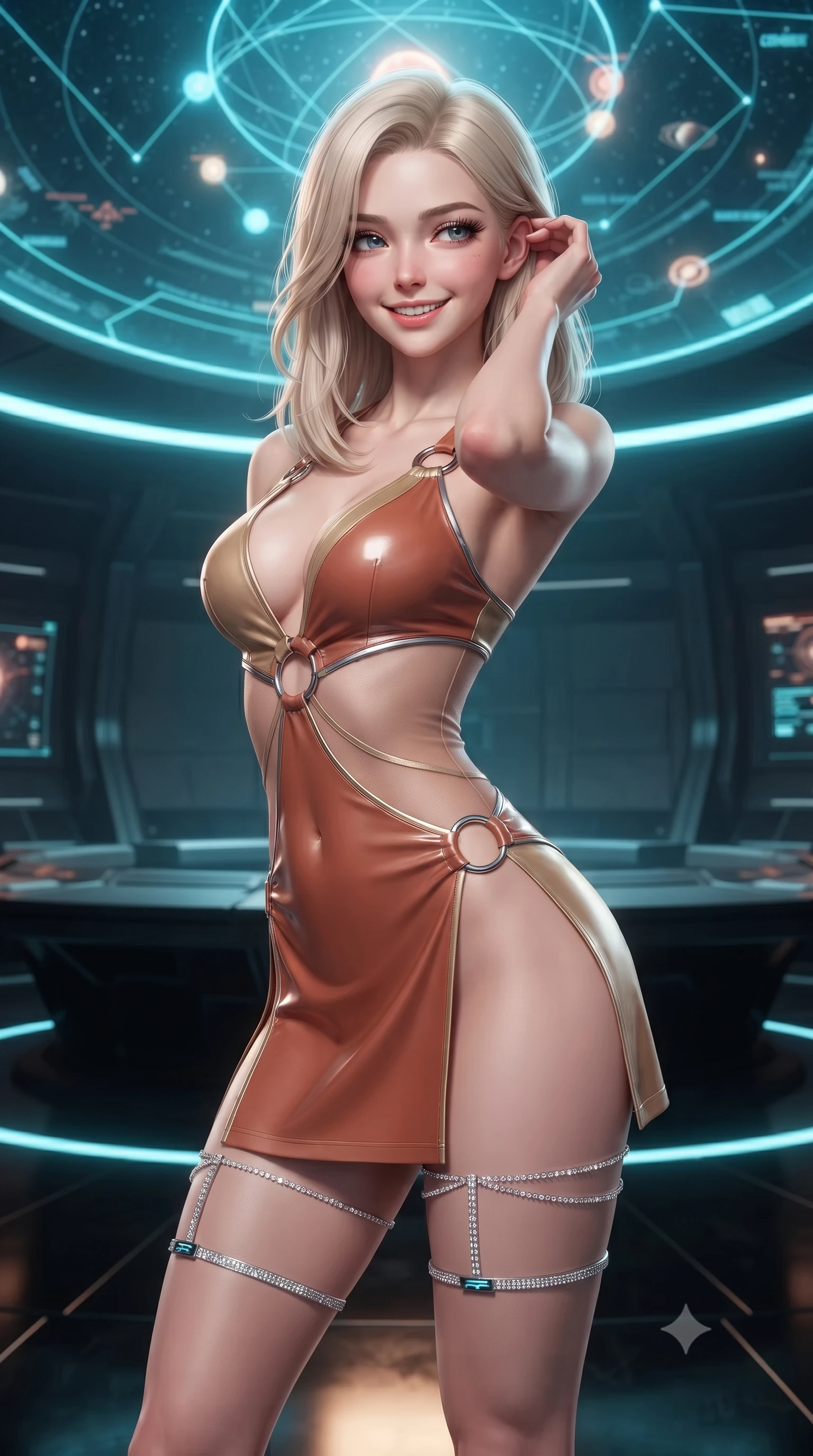 score_9, masterpiece, best quality, ultra-detailed, high-budget anime keyframe, editorial fashion photography, tasteful artistic composition, Caucasian woman. close-up cowboy shot from the waist and thighs up, the character dominates the composition, filling the frame with her large presence. gently brushing a lock of hair behind her ear while casting a playful, flirtatious side-gaze with long eyelashes while standing poised at the center of the circular black obsidian war-room beneath a monumental 3D holographic star system map, arching her lower back with sovereign supermodel grace. The surrounding environment is rendered in vivid detail and crisp panoramic clarity: detailed tactical gown tailoring, futuristic rank insignia, and monumental command headquarters architecture in high resolution. She has an exceptionally elegant, slender, and willowy female figure with an ultra-slim waist, flat toned midriff, narrow ribcage, and sculpted feminine hips creating an alluring, slim hourglass silhouette without bulk. sharp v-shaped jawline, high-bridge nose, intricate jewel-like sparkling eyes with depth, thick eyelashes, glossy parted lips with a natural peach sheen, bright cheerful beaming smile with an enchanting and coquettish sensual glint, exuding both youthful cute charm and seductive allure, flawlessly proportioned anatomical accuracy, strict slender model proportions, natural body alignment, perfectly sculpted long slender limbs, ultra-slim waistline, clean dynamic posture without body distortion. wearing a provocative open-waist combat cutout mini dress framed by polished chrome ring hardware and thigh-high slit in Martian desert terracotta and dust-storm gold, featuring strategic sheer-illusion tulle side panels framing her ribcage and hips, finished with delicate crystal-encrusted thigh garter straps glinting in the dim light, the glove-like clinging cut tightly following the natural contour of her hips and long slender legs with youthful 8.5-heads elegance. illuminated by polished obsidian dais bounce and sharp starlight-cyan rim lights defining her razor-sharp jawline, narrow waist, and curvy hips. ultra-reflective glossy finish, specular highlights, rich textural contrasts, high-contrast stereoscopic depth, volumetric dynamic lighting, 2k, ultra detail, master piece, 9:16 ratio