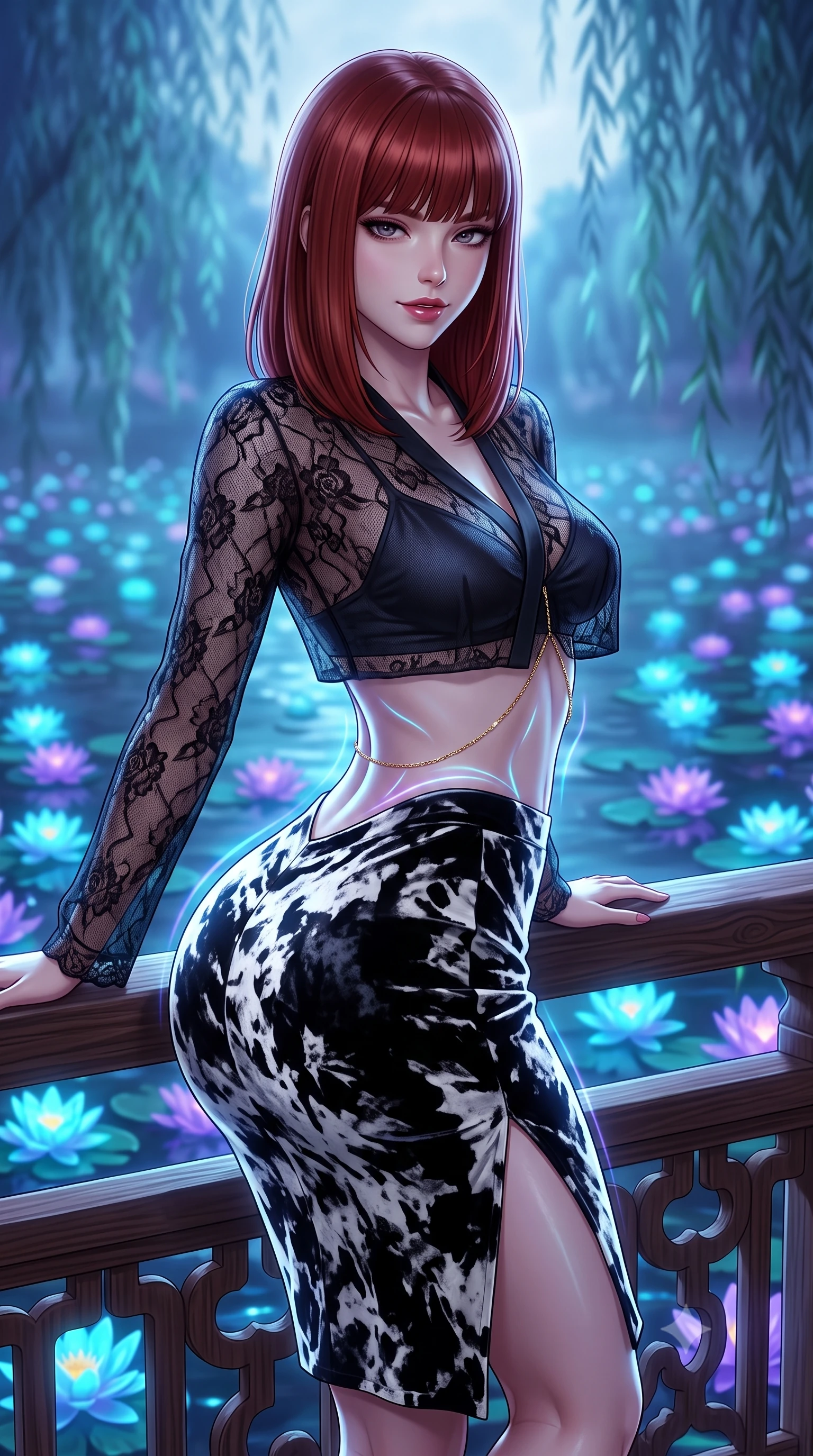 score_9, masterpiece, best quality, ultra-detailed, high-budget anime keyframe, semi-realistic 3D game render, editorial fashion photography, tasteful artistic composition, Caucasian woman. close-up cowboy shot from the waist and thighs up, the character dominates the composition, filling the frame with her large presence. leaning forward over the carved veranda balustrade while arching her lower back to accentuate her curvy hips, looking into the camera with an enchanting coquettish smile and bedroom-eyes while twisting her slender torso in an alluring contrapposto stance, bioluminescent cyan and violet ripples tracing her narrow waist and curvy hips. The background shows a soft-focus hundreds of pulsating cyan and ultraviolet floating water lilies and misty weeping willows blurred into sapphire, turquoise, and amethyst bokeh. She has an exceptionally elegant, slender, and willowy female figure with an ultra-slim waist, flat toned midriff, narrow ribcage, and sculpted feminine hips creating an alluring, slim hourglass silhouette without bulk. sharp v-shaped jawline, high-bridge nose, intricate jewel-like dark sparkling almond eyes with depth, thick lashes, glossy parted lips with a natural rose-plum sheen, bright alluring and coquettish smile with bedroom-eyes, exuding both timeless oriental elegance and sovereign high-fashion allure, flawlessly proportioned anatomical accuracy, strict slender model proportions, natural body alignment, perfectly sculpted long slender limbs, ultra-slim waistline, clean dynamic posture without body distortion. wearing a sheer black lace jeogori worn over an opaque dark silk bralette with an ultra-fitted high-waisted pencil skirt in stark monochrome black and white ink contrast, crafted from sumptuous crushed winter velvet with deep light-absorbing plushness, accented with a delicate gold body chain draping loosely across her flat midriff, the precision-cut side hip slits and low-back scoop framing her graceful spine and the sensual sweep of her slim, toned hips. illuminated by soft moonlight and sharp platinum rim lights defining her sculpted collarbones, ultra-slim waist, and curvy hips. highly saturated vibrant anime colors, detailed shading with soft gradients, rich glossy textures, high-contrast stereoscopic depth, volumetric dynamic lighting, master piece, 9:16 ratio
