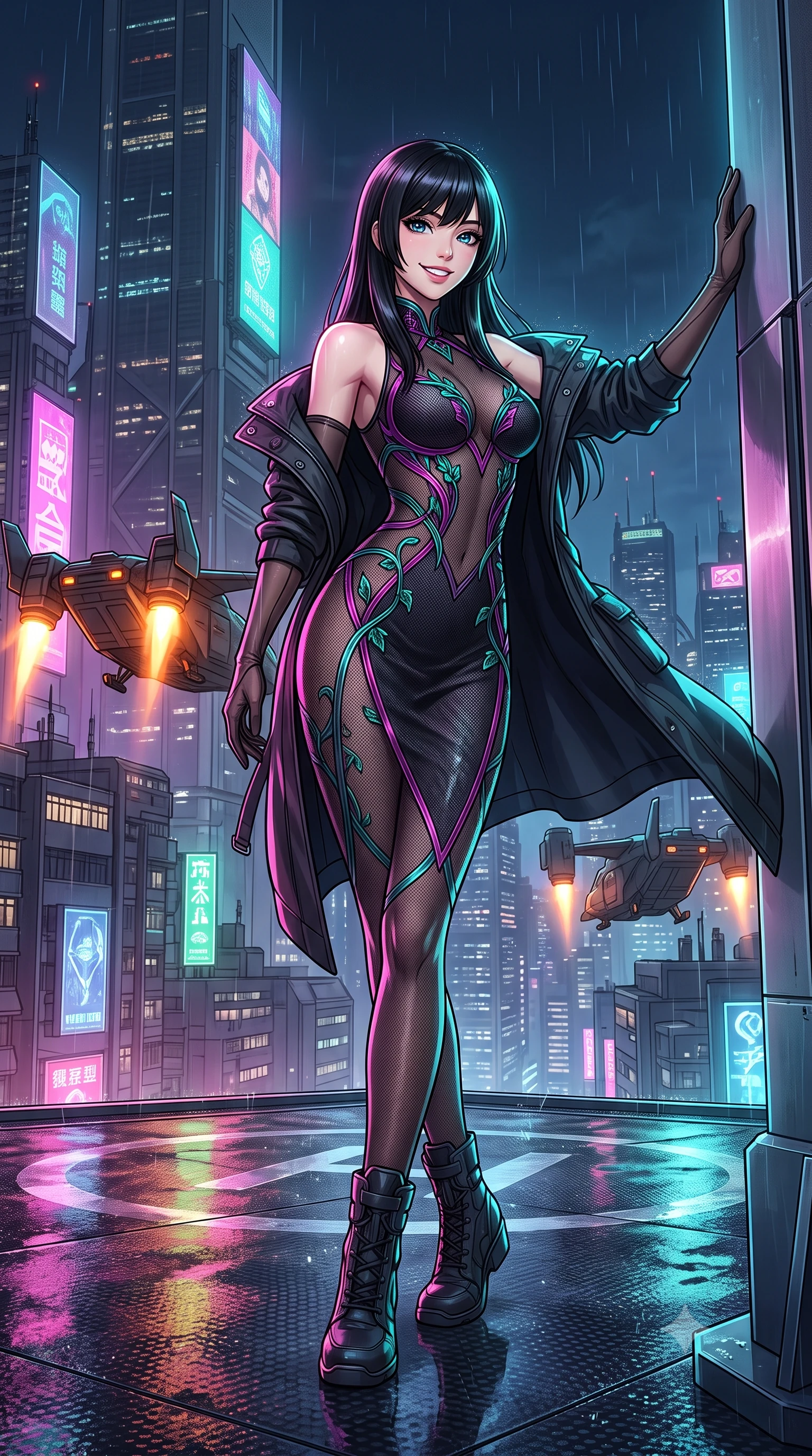 score_9, masterpiece, best quality, ultra-detailed, high-budget anime keyframe, semi-realistic 3D game render, editorial fashion photography, tasteful artistic composition, Caucasian woman. low angle full-body shot from head to toe showing her feet, filling the entire 9:16 vertical frame with her statuesque presence, stretching her vertical silhouette. standing tall beside the architectural column, one hand resting high while arching her lower back to emphasize her sculpted feminine hips and slender waist while standing poised on the rain-washed carbon-fiber helipad atop the vertical mega-citadel, arching her lower back with commanding anime warrior charisma as tactical VTOL transports hover nearby. The surrounding environment is rendered in vivid detail and crisp panoramic clarity: detailed tactical combat coat, crisp anime linework, and dense futuristic megalopolis architecture in high resolution. She has an exceptionally tall and slender model-like 8.5-heads proportion, an ultra-slim waist, a flat toned midriff, narrow delicate ribcage, and beautifully sculpted feminine hips creating a graceful, slim hourglass silhouette without any bulky heaviness, with impossibly long slender legs. sharp v-shaped jawline, high-bridge nose, intricate jewel-like sparkling eyes with depth, thick eyelashes, glossy parted lips with a natural peach sheen, bright cheerful beaming smile with an enchanting and coquettish sensual glint, exuding both youthful cute charm and seductive allure, flawlessly proportioned anatomical accuracy, strict slender model proportions, natural body alignment, perfectly sculpted long slender limbs, ultra-slim waistline, clean dynamic posture without body distortion. wearing a provocative sheer noir illusion mesh combat dress with embroidered climbing metallic ivy ribbons contouring her curves in Kowloon neon magenta and electric teal, tailored from high-density tech-wool with subtle metallic thread weave, complemented by sheer opera-length evening gloves tracing her slender arms, the form-contouring silhouette accentuating her sculpted flat midriff, narrow delicate ribcage, and gracefully curvy hips with intoxicating allure. bathed in the multi-hued ambient neon glow of towering holographic billboards mixed with warm orange VTOL engine exhausts. highly saturated vibrant anime colors, detailed shading with soft gradients, rich glossy textures, high-contrast stereoscopic depth, volumetric dynamic lighting, master piece, 9:16 ratio