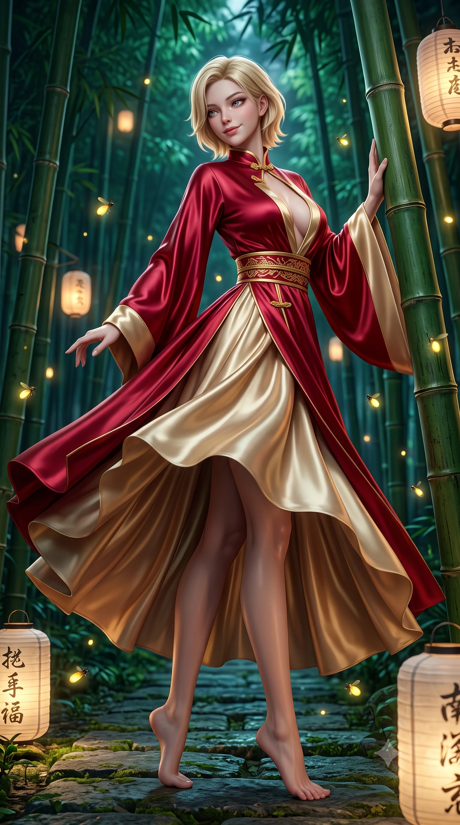 score_9, masterpiece, best quality, ultra-detailed, high-budget anime keyframe, semi-realistic 3D game render, editorial fashion photography, tasteful artistic composition, Caucasian woman. low angle full-body shot from head to toe showing her feet, filling the entire 9:16 vertical frame with her statuesque presence, stretching her vertical silhouette. executing a graceful dancer pivot turn as her layered silk chima skirt flutters around her slender legs, glancing over her shoulder with an intoxicating bedroom-gaze while leaning against a smooth green bamboo stalk with hips cocked back, casting an enchanting, mysterious bedroom-gaze through drifting golden fireflies. The surrounding environment is rendered in vivid detail and crisp panoramic clarity: sharp bamboo stalk ring ridges, natural stone pathway texture, and paper lantern calligraphy clarity in deep focus. She has an absolutely perfect, statuesque 8.5-heads proportion, an exceptionally tall and slender model-like female figure with impossibly long slender legs, an ultra-slim waist, a flat toned midriff, narrow delicate ribcage, and beautifully sculpted feminine hips creating a graceful, slim hourglass silhouette without any bulky heaviness. sharp v-shaped jawline, high-bridge nose, intricate jewel-like dark sparkling almond eyes with depth, thick lashes, glossy parted lips with a natural rose-plum sheen, bright alluring and coquettish smile with bedroom-eyes, exuding both timeless oriental elegance and sovereign high-fashion allure, flawlessly proportioned anatomical accuracy, strict slender model proportions, natural body alignment, perfectly sculpted long slender limbs, ultra-slim waistline, clean dynamic posture without body distortion. wearing a deep plunging-V modern kimono gown with wide flowing sleeves and a waist-cinching gold embroidered sash in royal crimson red and lustrous champagne gold, crafted from heavy fluid silk satin with a liquid mirror-like sheen, accented with intricate gold frog buttons and a delicate mandarin collar, the liquid-tight tailored silk fabric clinging flawlessly to her narrow waist and rounded feminine hips, emphasizing every millimeter of her sculpted slim hourglass curves without any bulky heaviness. bathed in soft floating amber lantern light and cool moonlit emerald forest canopy fill. highly saturated vibrant anime colors, detailed shading with soft gradients, rich glossy textures, high-contrast stereoscopic depth, volumetric dynamic lighting, master piece, 9:16 ratio
