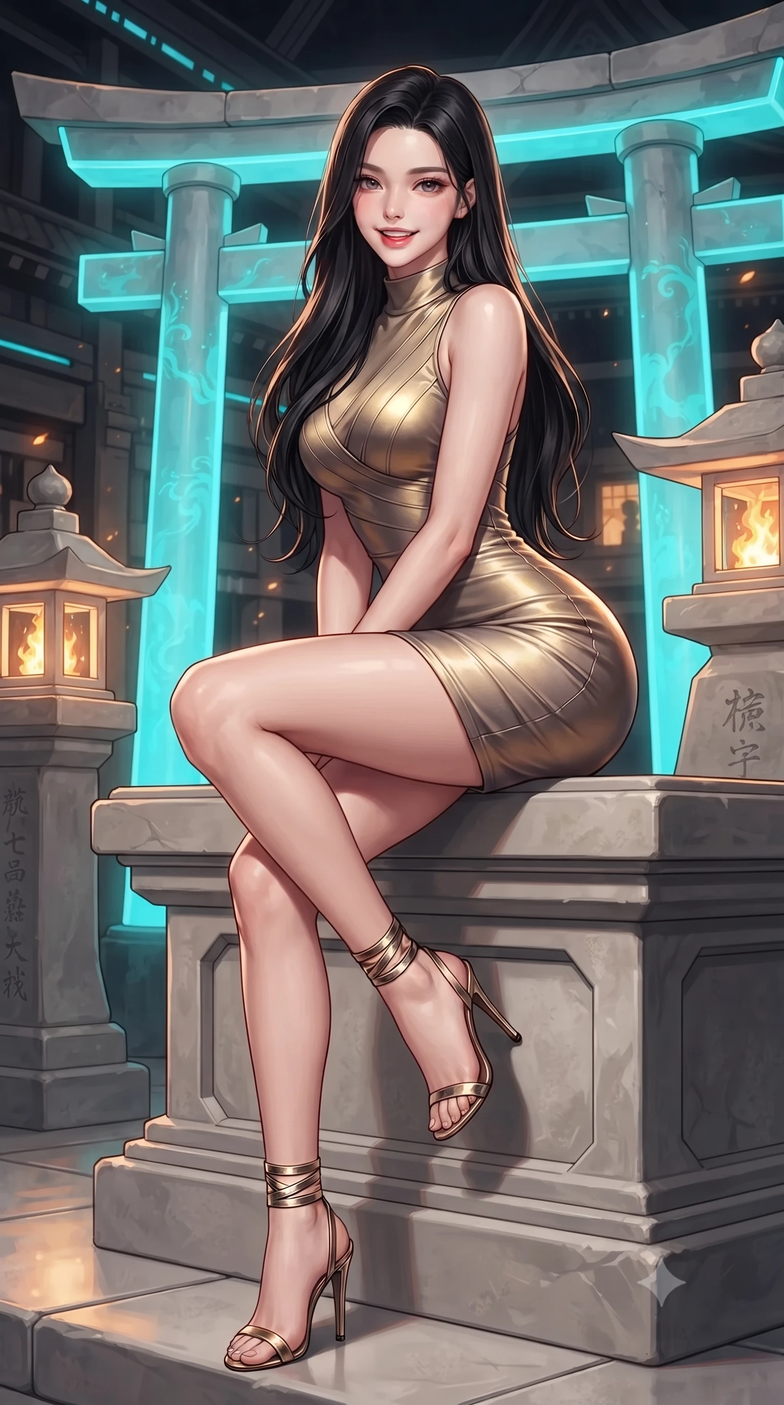 score_9, masterpiece, best quality, ultra-detailed, high-budget anime keyframe, editorial fashion photography, tasteful artistic composition, Korean woman. close-up cowboy shot from the waist and thighs up, the character dominates the composition, filling the frame with her large presence. perched sideways on the lounge seat, one knee drawn up to showcase her slender leg line while her arched back accentuates her feminine hip curve while sitting gracefully on the elevated stone shrine dais with legs crossed, flashing a radiant, playful smile with parted glossy lips. The surrounding environment is rendered in vivid detail and crisp panoramic clarity: detailed outfit drape, high-gloss patent sheen, and sacred futuristic temple architecture in high resolution. She has an exceptionally elegant, slender, and willowy female figure with an ultra-slim waist, flat toned midriff, narrow ribcage, and sculpted feminine hips creating an alluring, slim hourglass silhouette without bulk. sharp v-shaped jawline, high-bridge nose, intricate jewel-like sparkling eyes with depth, thick eyelashes, glossy parted lips with a natural peach sheen, bright cheerful beaming smile with an enchanting and coquettish sensual glint, exuding both youthful cute charm and seductive allure, flawlessly proportioned anatomical accuracy, strict slender model proportions, natural body alignment, perfectly sculpted long slender limbs, ultra-slim waistline, clean dynamic posture without body distortion. wearing a dense bandage knit cyber-cocktail dress with mock neck hugging her delicate ribcage and hips like a second skin in solar-flare gold and interstellar onyx, crafted from fluid liquid silk satin that clings smoothly to her narrow waist and rounded hips with a dewy sheen, complemented by strappy stiletto sandals with metallic ankle wraps accentuating her slender calves, the glove-like clinging cut tightly following the natural contour of her hips and long slender legs with youthful 8.5-heads elegance. bathed in pulsing electric-cyan Torii neon combined with warm 2400K sacred oil lantern flames. ultra-reflective glossy finish, specular highlights, rich textural contrasts, high-contrast stereoscopic depth, volumetric dynamic lighting, 2k, ultra detail, master piece, 9:16 ratio
