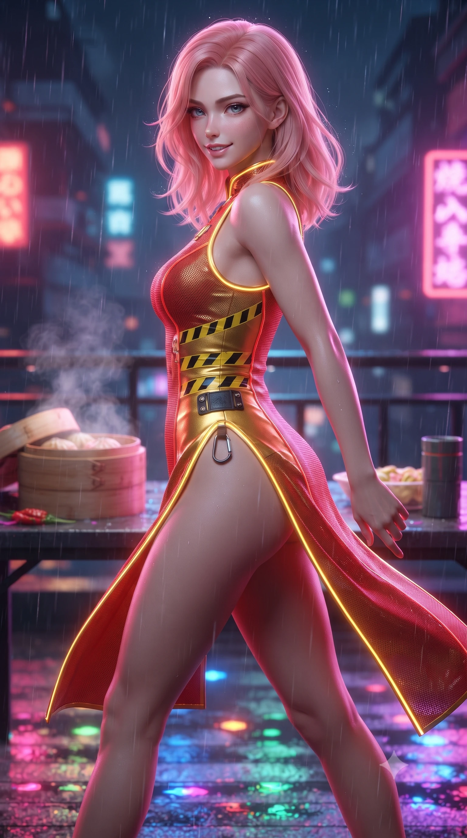score_9, masterpiece, best quality, ultra-detailed, high-budget anime keyframe, editorial fashion photography, tasteful artistic composition, Japanese woman. close-up cowboy shot from the waist and thighs up, the character dominates the composition, filling the frame with her large presence. turning over a bare shoulder with an intoxicating, teasing smile, her soft hair framing her sharp jawline as her hips angle gracefully while striding across the neon-drenched rooftop deck as steam curls from dim sum bamboo steamers, her high-slit dress fluttering to reveal her long slender legs. The composition keeps background elements in soft focus with creamy bokeh. falling raindrops and neon puddle reflections scattering vivid chromatic light motes across the deck. She has an exceptionally elegant, slender, and willowy female figure with an ultra-slim waist, a gracefully sculpted slender torso, toned flat midriff, and rounded feminine hips creating an alluring hourglass silhouette. sharp v-shaped jawline, high-bridge nose, intricate jewel-like eyes with depth, thick eyelashes, glossy parted lips with a natural sheen, intensely captivating and seductive bedroom-eyes expression, flawlessly proportioned anatomical accuracy, strict slender model proportions, natural body alignment, perfectly sculpted long slender limbs, ultra-slim waistline, clean dynamic posture without body distortion. wearing a modernized cyber-qipao mini dress with an ultra-high side slit ascending to the hip and glowing LED piping in imperial vermilion red and liquid gold, made of breathable technical athletic mesh and liquid-finish track nylon, finished with high-visibility hazard warning tape details and carabiner clips, the glove-like aerodynamic silhouette tightly following the natural contour of her hips and long slender legs with statuesque precision. illuminated by wet specular asphalt bounce lights sharply sculpting her narrow waist and rounded hips. ultra-reflective glossy finish, specular highlights, rich textural contrasts, high-contrast stereoscopic depth, volumetric dynamic lighting, 2k, ultra detail, master piece, 9:16 ratio