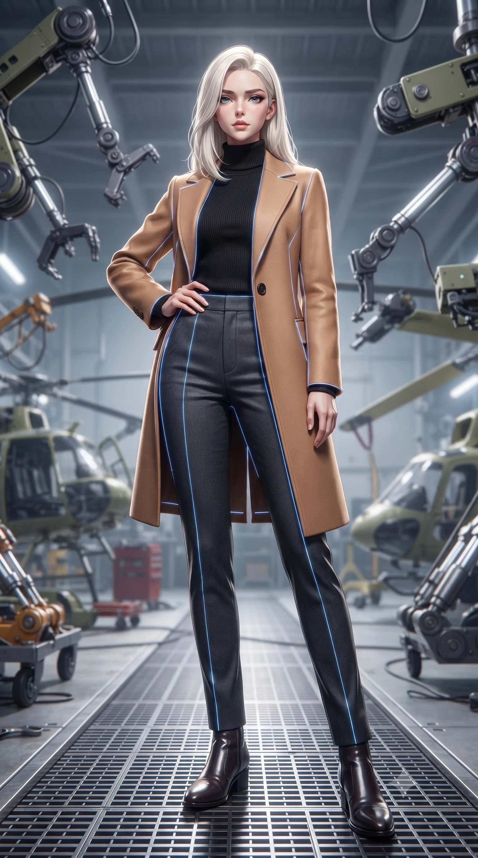 score_9, masterpiece, best quality, ultra-detailed, high-budget anime keyframe, editorial fashion photography, tasteful artistic composition, Caucasian woman. low angle full-body shot from head to toe showing her feet, filling the entire 9:16 vertical frame with her statuesque presence, stretching her vertical silhouette. posing confidently with one hand on her hip, stretching her statuesque body to emphasize her curves the background shows a soft-focus an automated repair bay with mechanical arms and helicopter parts in a hangar. She has an absolutely perfect, statuesque 8.5-heads proportion, an exceptionally tall and slender model-like female figure with impossibly long slender legs and an ultra-slim waist. sharp v-shaped jawline, high-bridge nose, intricate jewel-like eyes with depth, thick eyelashes, glossy lips with a natural sheen. wearing a slim-fit warm camel-colored wrap coat over a black turtleneck sweater and charcoal slacks. glowing blue laser lines tracing her form with precision. ultra-reflective glossy finish, specular highlights, metallic sheen, high-contrast stereoscopic depth, volumetric dynamic lighting, 2k, ultra detail, master piece, 9:16 ratio
