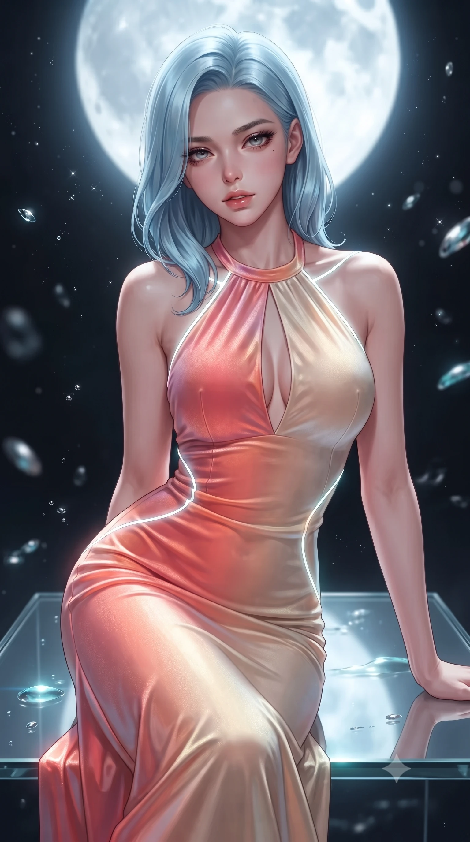 score_9, masterpiece, best quality, ultra-detailed, high-budget anime keyframe, editorial fashion photography, tasteful artistic composition, Korean woman. close-up cowboy shot from the waist and thighs up, the character dominates the composition, filling the frame with her large presence. casting a slow, smoldering gaze beneath heavy lashes with parted glossy lips, her head slightly tilted in captivating self-assurance while stretching forward with an alluring S-curve silhouette on a glass platform beneath a giant glowing moon. The composition keeps background elements in soft focus with creamy bokeh. silver water caustics and stardust motes scattering soft glowing light across a dark backdrop. She has an exceptionally elegant, slender, and willowy female figure with an ultra-slim waist, a gracefully sculpted slender torso, toned flat midriff, and a refined slim silhouette. sharp v-shaped jawline, high-bridge nose, intricate jewel-like eyes with depth, thick eyelashes, glossy lips with a natural sheen, flawlessly proportioned anatomical accuracy, strict slender model proportions, natural body alignment, perfectly sculpted long slender limbs, ultra-slim waistline, clean dynamic posture without body distortion. wearing a velvet halter-neck midi dress fitting her statuesque contour flawlessly with a Tasteful chest slit and open spine in radiant coral pink and champagne ivory, made of smooth iridescent silk chiffon that shifts colors with movement, accented with glowing fiber-optic seams tracing her collarbones and hip curves, the sleek second-skin cut tightly hugging her graceful clavicle, narrow waist, and feminine curves with athletic precision. bathed in brilliant silver moonlight backlighting and glowing cyan water refractions. ultra-reflective glossy finish, specular highlights, metallic sheen, high-contrast stereoscopic depth, volumetric dynamic lighting, 2k, ultra detail, master piece, 9:16 ratio