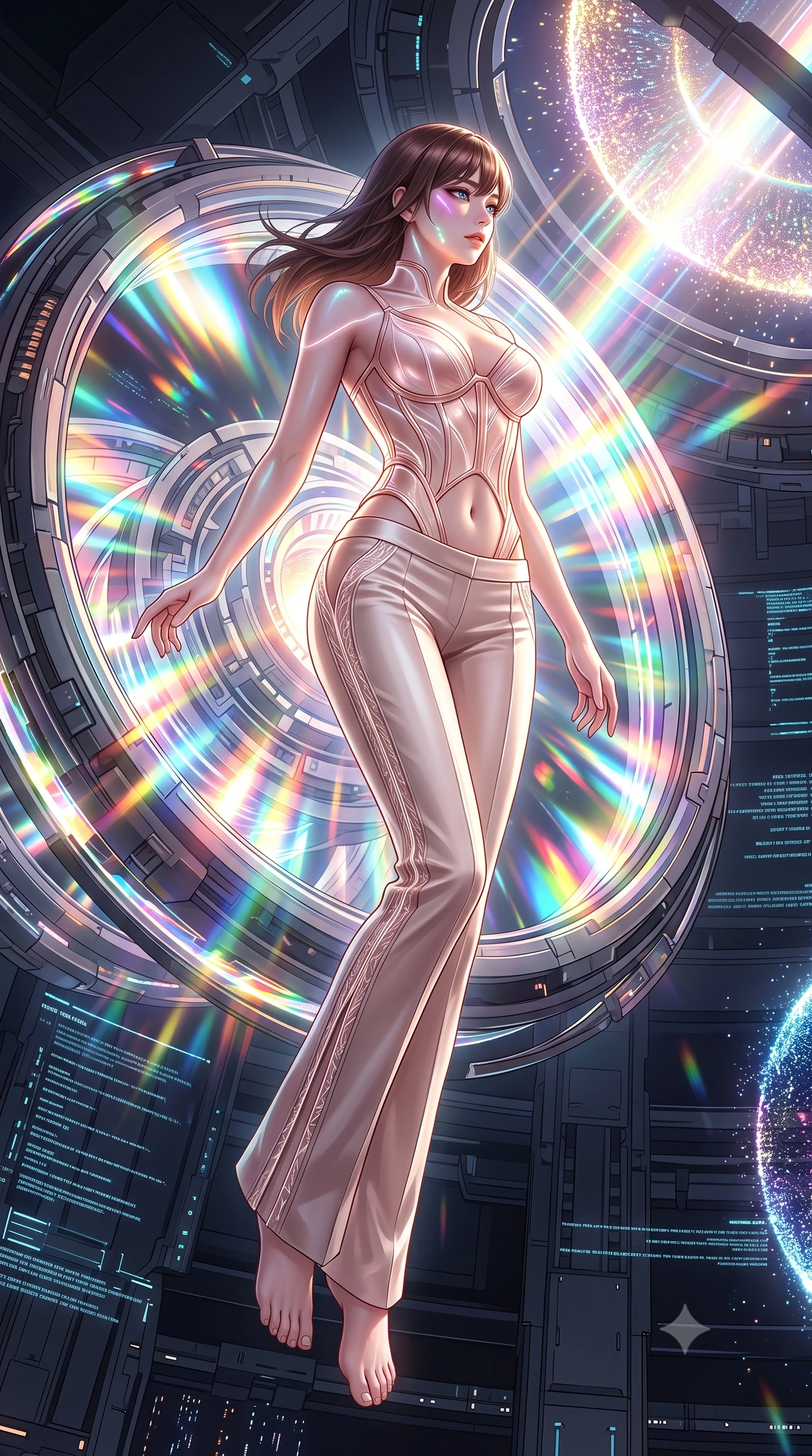 score_9, masterpiece, best quality, ultra-detailed, high-budget anime keyframe, semi-realistic 3D game render, editorial fashion photography, tasteful artistic composition, Korean woman. low angle full-body shot from head to toe showing her feet, filling the entire 9:16 vertical frame with her statuesque presence, stretching her vertical silhouette. pivoting dynamically in mid-motion with a breathtakingly alluring posture, displaying her flawless model proportions, toned flat midriff, and ultra-slim waist while floating in zero-gravity at the core of a starship warp engine as gigantic rotating magnetic rings emit dazzling prism light. The surrounding environment is rendered in vivid detail and crisp panoramic clarity. transcendent chiaroscuro contrast between blinding particle light and deep space architecture in precision. She has an absolutely perfect, statuesque 8.5-heads proportion, an exceptionally tall and slender model-like female figure with impossibly long slender legs, a toned flat midriff, and an ultra-slim waist. sharp v-shaped jawline, high-bridge nose, intricate jewel-like eyes with depth, thick eyelashes, glossy lips with a natural sheen, flawlessly proportioned anatomical accuracy, strict slender model proportions, natural body alignment, perfectly sculpted long slender limbs, ultra-slim waistline, clean dynamic posture without body distortion. wearing a structured translucent cyber-corset paired with tailored high-fashion satin trousers that sharply cinch her ultra-slim waist in sculpted rose gold and luminescent champagne ivory, crafted from delicate iridescent organza interwoven with luminescent micro-fibers, accented with glowing fiber-optic seams tracing her collarbones and hip curves, the precision-cut daring openings accentuating her delicate midriff, graceful bare collarbones, and ultra-slim feminine waistline. illuminated by intense directional rim lights sharply defining her ultra-slim waist, long legs, and flat midriff. rich saturated anime colors with glowing neon highlights, detailed shading with soft gradients, rich glossy textures, high-contrast stereoscopic depth, volumetric dynamic lighting, master piece, 9:16 ratio