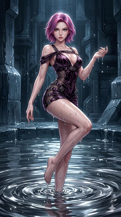score_9, masterpiece, best quality, ultra-detailed, High-budget Anime Keyframe, East Asian woman. Dynamic full-body shot stretching the vertical silhouette to the limit. Scenario 204: Rising from a pool of mercury-like liquid, droplets rolling off he