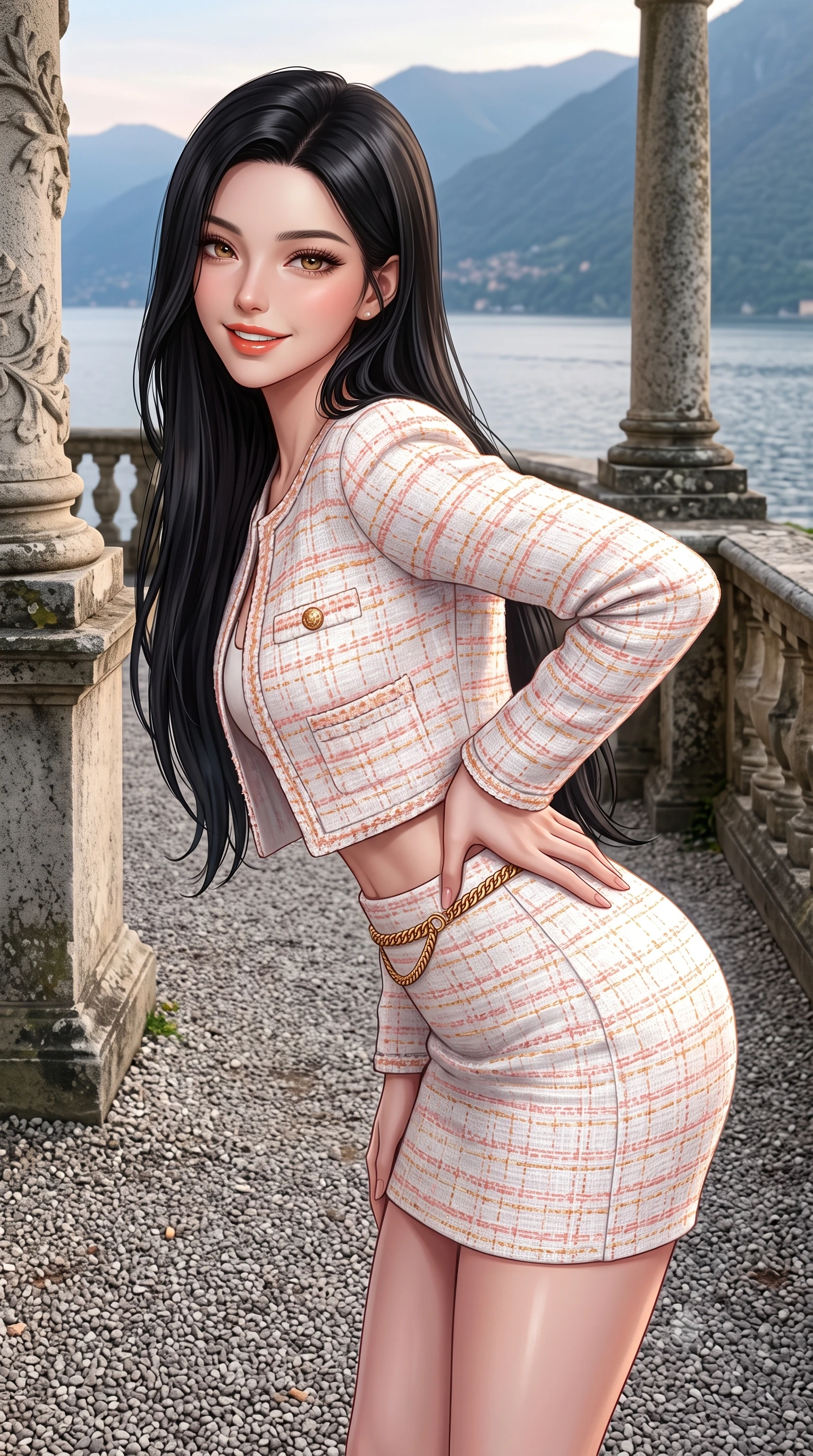 score_9, masterpiece, best quality, ultra-detailed, high-budget anime keyframe, semi-realistic 3D game render, editorial fashion photography, tasteful artistic composition, Korean woman. close-up cowboy shot from the waist and thighs up, the character dominates the composition, filling the frame with her large presence. leaning forward with playful sun-kissed grace while arching her lower back to accentuate her curvy hips, looking into the camera with a radiant teasing smile and alluring bedroom-eyes while pausing gracefully on the gravel garden terrace with one hand resting on her narrow waist, her statuesque presence commanding the lake vista. The surrounding environment is rendered in vivid detail and crisp panoramic clarity. sharp carved limestone column details, ancient stone balustrade lichens, and gravel garden path texture in deep focus. She has an exceptionally elegant, slender, and willowy female figure with an ultra-slim waist, flat toned midriff, narrow ribcage, and sculpted feminine hips creating an alluring, slim hourglass silhouette without bulk. sharp v-shaped jawline, high-bridge nose, sparkling amber-hazel eyes with depth, long lush eyelashes, glossy sun-kissed lips with a warm coral glaze, radiant teasing smile with sensual sunlit bedroom-eyes, exuding effortless old-money elegance and intoxicating sun-drenched allure, flawlessly proportioned anatomical accuracy, strict slender model proportions, natural body alignment, perfectly sculpted long slender limbs, ultra-slim waistline, clean dynamic posture without body distortion. wearing a luxury white tweed two-piece resort set with a cropped jacket and ultra-fitted high-waisted mini skirt tracing her hips in soft peach blossom pink and warm apricot gold, woven from delicate metallic lurex thread catching the golden hour sunbeams, finished with a delicate gold snake chain belt resting loosely on her curvy hips, the glove-like silhouette tightly following the natural contour of her hips and long slender legs with youthful 8.5-heads elegance. bathed in soft romantic evening light descending over the Como alpine basin. highly saturated vibrant anime colors, detailed shading with soft gradients, rich glossy textures, high-contrast stereoscopic depth, volumetric dynamic lighting, master piece, 9:16 ratio