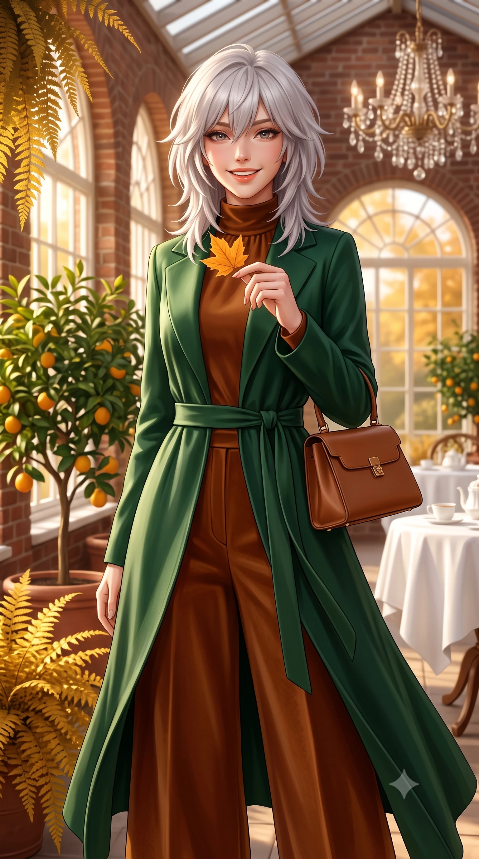 score_9, masterpiece, best quality, ultra-detailed, high-budget anime keyframe, semi-realistic 3D game render, editorial fashion photography, tasteful artistic composition, Japanese woman. close-up cowboy shot from the waist and thighs up, the character dominates the composition, filling the frame with her large presence. holding a single autumn leaf delicately between manicured fingers, admiring it with a cheerful, parted-lip smile while standing amidst potted citrus trees and cascading golden ferns inside the historic brick orangery, smiling warmly at the camera. The background shows a soft-focus antique crystal chandelier and white linen tea tables softened in royal afternoon tea shallow focus. She has an exceptionally elegant, slender, and willowy female figure with an ultra-slim waist, flat toned midriff, narrow ribcage, and sculpted feminine hips creating an alluring, slim hourglass silhouette without bulk. sharp v-shaped jawline, high-bridge nose, intricate jewel-like sparkling eyes with depth, thick eyelashes, glossy parted lips with a natural peach sheen, bright cheerful beaming smile with an enchanting and coquettish sensual glint, exuding both youthful cute charm and seductive allure, flawlessly proportioned anatomical accuracy, strict slender model proportions, natural body alignment, perfectly sculpted long slender limbs, ultra-slim waistline, clean dynamic posture without body distortion. wearing a modern tailored silk-blend robe coat with minimalist sash belt layered over a high-neck blouse and wide culottes in heritage British racing green and warm cognac brown, crafted from rich cotton velvet with deep light-absorbing pile and soft gradients, finished with a structured leather top-handle mini bag resting gracefully at her side, the expertly draped wool fabric falling in crisp fluid lines along her tall 8.5-heads silhouette, celebrating her slender frame without excess fabric bulk. bathed in warm 3200K autumn sunlight streaming through floor-to-ceiling arched south-facing conservatory windows. highly saturated vibrant anime colors, detailed shading with soft gradients, rich glossy textures, high-contrast stereoscopic depth, volumetric dynamic lighting, master piece, 9:16 ratio