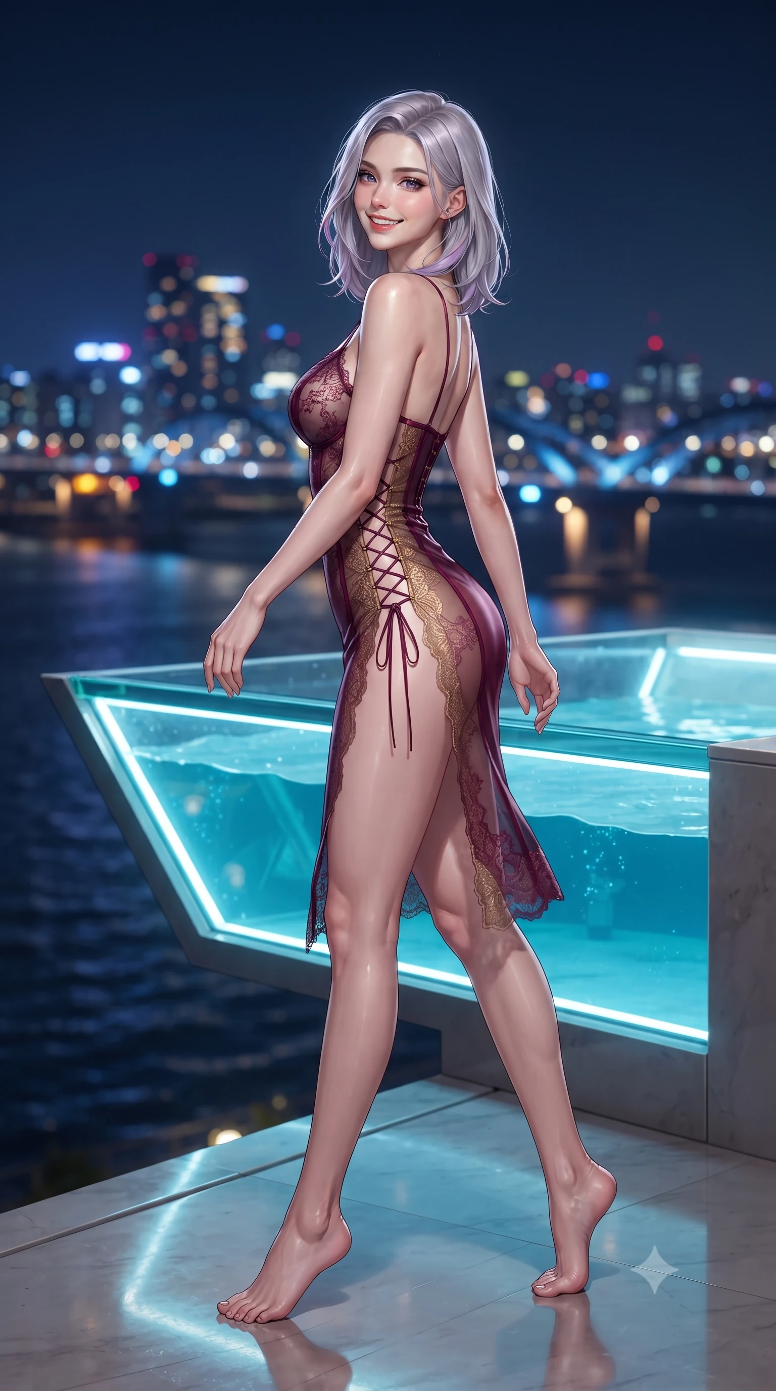 score_9, masterpiece, best quality, ultra-detailed, high-budget anime keyframe, editorial fashion photography, tasteful artistic composition, Caucasian woman. low angle full-body shot from head to toe showing her feet, filling the entire 9:16 vertical frame with her statuesque presence, stretching her vertical silhouette. walking along the terrace with poise, looking back over her bare shoulder with an irresistible smoldering bedroom-gaze while standing poised beside the cantilevered glass tub jutting over the Han River, arching her spine as illuminated bridges blaze in electric gold and sapphire. The background shows a soft-focus illuminated Olympic Bridge and Seongsu Bridge spans, flowing Han River waters, and dense Seoul skyline blurred into sapphire, gold, and ruby bokeh. She has an exceptionally tall and slender model-like 8.5-heads proportion, an ultra-slim waist, a flat toned midriff, narrow delicate ribcage, and beautifully sculpted feminine hips creating a graceful, slim hourglass silhouette without any bulky heaviness, with impossibly long slender legs. sharp v-shaped jawline, high-bridge nose, intricate jewel-like sparkling eyes with depth, thick eyelashes, glossy parted lips with a natural peach sheen, bright cheerful beaming smile with an enchanting and coquettish sensual glint, exuding both youthful cute charm and seductive allure, flawlessly proportioned anatomical accuracy, strict slender model proportions, natural body alignment, perfectly sculpted long slender limbs, ultra-slim waistline, clean dynamic posture without body distortion. wearing a provocative translucent lace corset dress with sheer side-torso panels hugging her hourglass waist in French boudoir bordeaux wine and gilded bronze, crafted from fluid liquid silk satin that clings smoothly to her narrow waist and rounded hips with a dewy sheen, featuring fine criss-cross lace-up side ties revealing tantalizing glimpses of her hip curve, the liquid-tight tailored fabric clinging flawlessly to her narrow waist and rounded feminine hips, emphasizing every millimeter of her sculpted slim hourglass curves without any bulky heaviness. illuminated by tub edge LEDs and sharp platinum-cyan rim lights sculpting her razor-sharp jawline, narrow waist, and curvy hips. ultra-reflective glossy finish, specular highlights, rich textural contrasts, high-contrast stereoscopic depth, volumetric dynamic lighting, 2k, ultra detail, master piece, 9:16 ratio