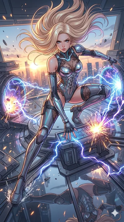 score_9, masterpiece, best quality, ultra-detailed, high-budget anime movie keyframe, cinematic anime lighting, intricate line art, Korean anime girl. Extreme high angle shot as she leaps towards the camera, filling the frame. operating a teleportati