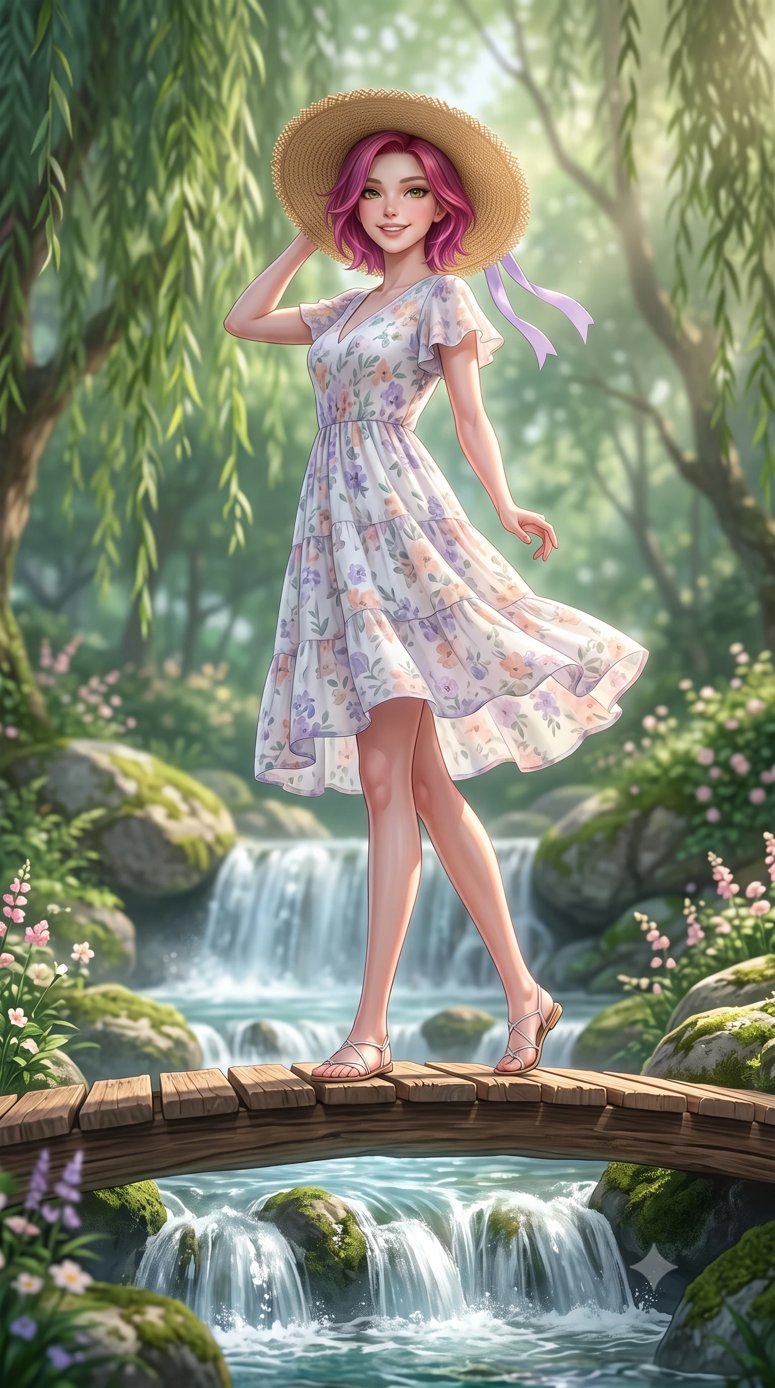 score_9, masterpiece, best quality, ultra-detailed, high-budget anime keyframe, semi-realistic 3D game render, editorial fashion photography, tasteful artistic composition, Caucasian woman. low angle full-body shot from head to toe showing her feet, filling the entire 9:16 vertical frame with her statuesque presence, stretching her vertical silhouette. pivoting dynamically with a fresh infectious smile, her ultra-slim waist and long slender legs creating a fluid graceful line while standing poised on a rustic cedar footbridge spanning a crystal-clear cascading waterfall with a delighted smile. The composition keeps background elements in soft focus with creamy bokeh. ancient weeping willow branches and blooming woodland blossoms softened in dreamy shallow focus. She has an absolutely perfect, statuesque 8.5-heads proportion, an exceptionally tall and slender model-like female figure with impossibly long slender legs, a toned flat midriff, and an ultra-slim waist. sharp v-shaped jawline, high-bridge nose, intricate jewel-like eyes with depth, thick eyelashes, glossy lips with a natural sheen, pure and lovely fresh girlhood expression, flawlessly proportioned anatomical accuracy, strict slender model proportions, natural body alignment, perfectly sculpted long slender limbs, ultra-slim waistline, clean dynamic posture without body distortion. wearing a breezy tiered chiffon sundress with delicate floral print and short flutter sleeves in fresh alpine white with subtle pastel floral accents, crafted from soft breathable linen that flutters gently in the breeze, paired with a wide-brim woven straw hat tied with a pastel ribbon, the chic real-way fashion cut emphasizing her effortless charm, flat midriff, and slender model proportions. illuminated by soft emerald forest bounce light accentuating her natural beauty and lovely outfit. highly saturated vibrant anime colors, detailed shading with soft gradients, rich glossy textures, high-contrast stereoscopic depth, volumetric dynamic lighting, master piece, 9:16 ratio