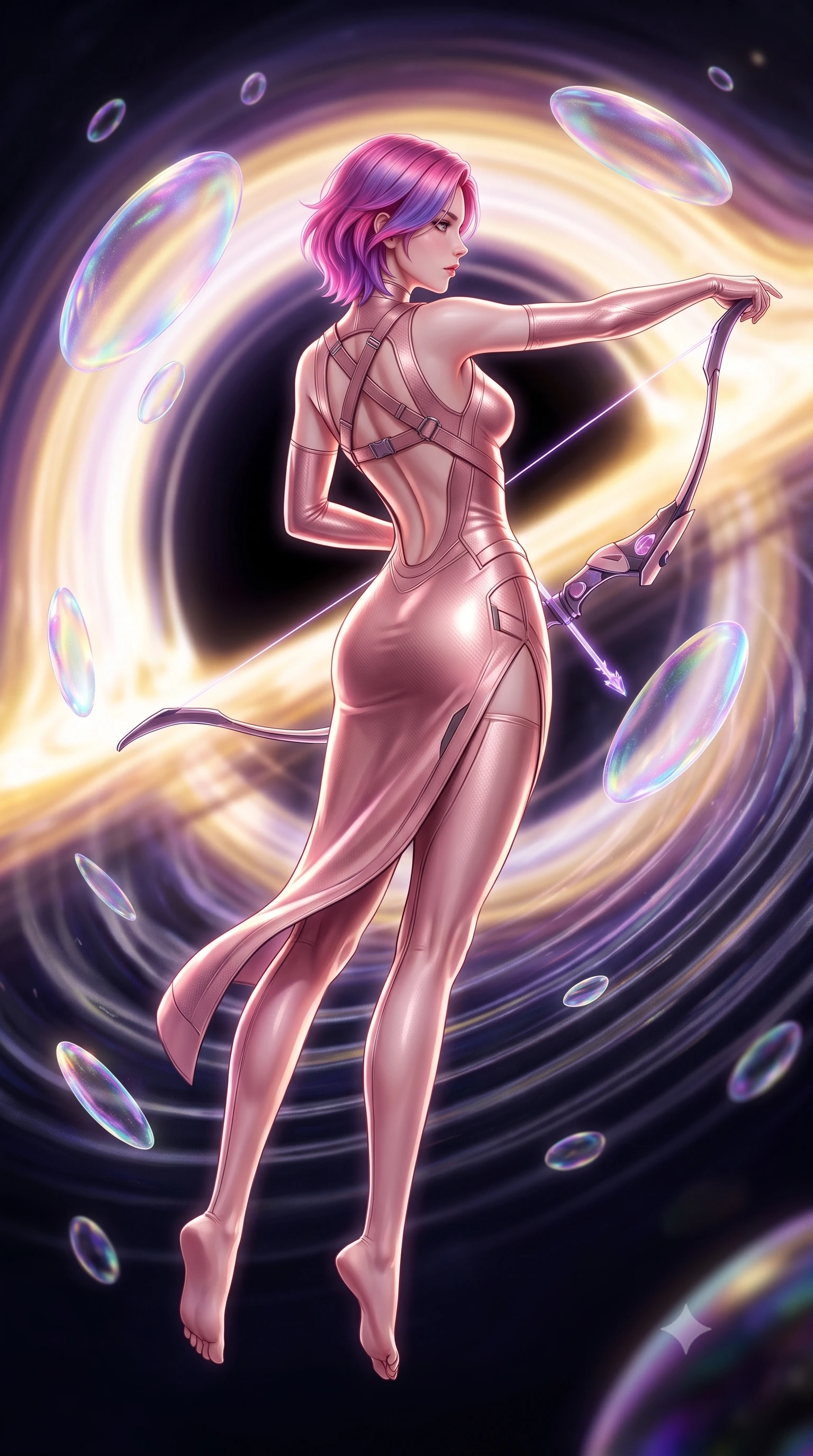 score_9, masterpiece, best quality, ultra-detailed, high-budget anime keyframe, semi-realistic 3D game render, editorial fashion photography, tasteful artistic composition, Caucasian woman. low angle full-body shot from head to toe showing her feet, filling the entire 9:16 vertical frame with her statuesque presence, stretching her vertical silhouette. arching her spine in a fluid zero-gravity combat turn with sovereign grace, her long slender legs and sculpted torso creating a sweeping line of power while drifting gracefully through a field of orbiting micro-shields as gravitational distortion waves ripple around her contour. The composition keeps background elements in soft focus with creamy bokeh. swirling black hole singularity core and glowing accretion disk blurred into dazzling gold, violet, and pitch-black bokeh. She has an absolutely perfect, statuesque 8.5-heads proportion, an exceptionally tall and slender model-like female figure with impossibly long slender legs, a toned flat midriff, and an ultra-slim waist. sharp v-shaped jawline, high-bridge nose, intricate jewel-like eyes with depth, thick eyelashes, glossy lips with a natural sheen, flawlessly proportioned anatomical accuracy, strict slender model proportions, natural body alignment, perfectly sculpted long slender limbs, ultra-slim waistline, clean dynamic posture without body distortion. wearing a form-fitting luminous rose-gold carbon combat gown with tactical side slits, wielding a floating magnetic energy bow with celestial poise in molten amber-gold carbon cuirass with dark titanium weave, formed from high-gloss patent carbon-plating with specular chiaroscuro reflections, complemented by criss-cross back harness straps highlighting her completely bare spine, the glove-like aerodynamic second-skin fit tightly clinging to her ultra-slender waist and athletic curves without adding bulk, accentuating her razor-sharp statuesque lines and slim hourglass silhouette. illuminated by intense directional rim lights sharply defining her ultra-slim waist, long legs, and flat midriff. rich saturated anime colors with glowing neon highlights, detailed shading with soft gradients, rich glossy textures, high-contrast stereoscopic depth, volumetric dynamic lighting, master piece, 9:16 ratio