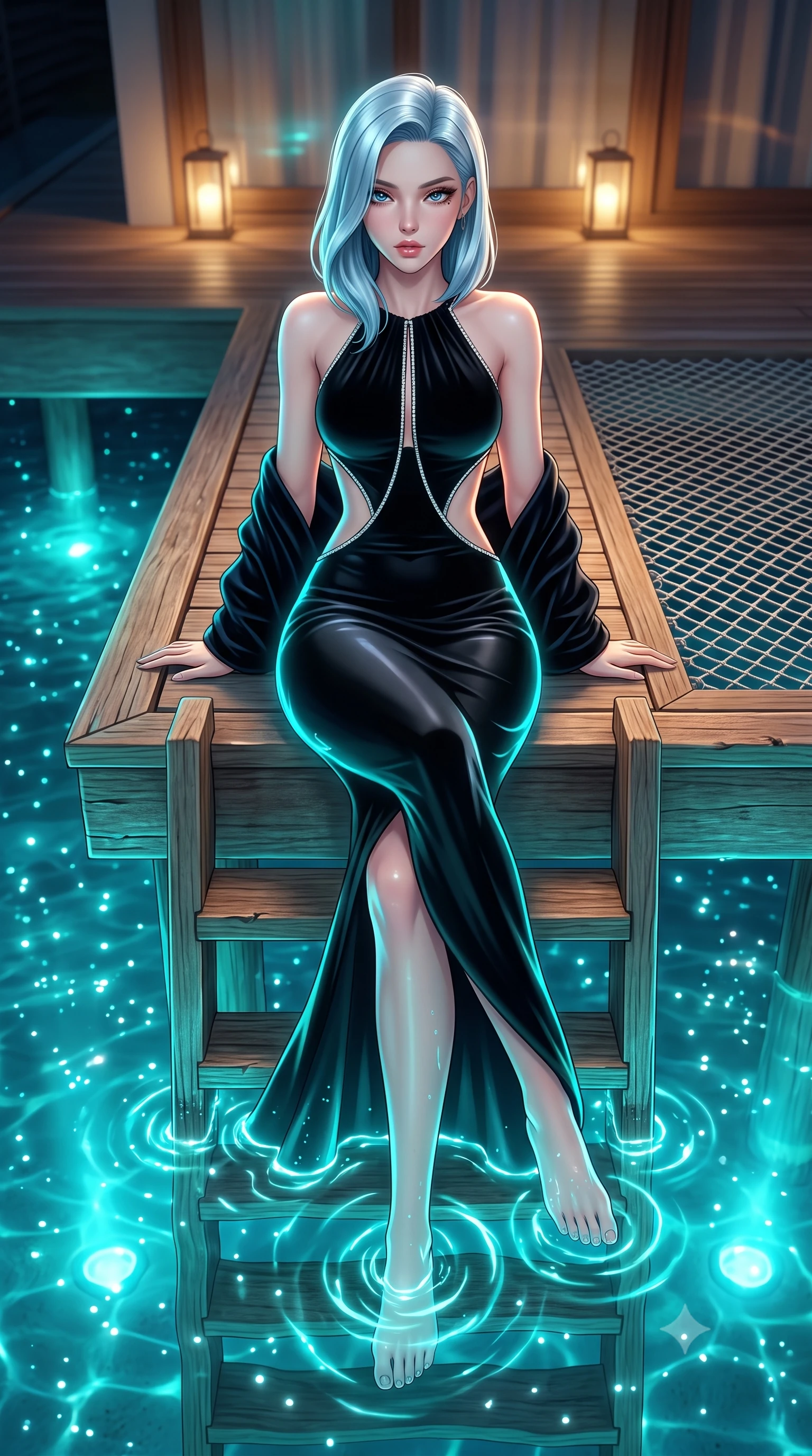 score_9, masterpiece, best quality, ultra-detailed, high-budget anime keyframe, semi-realistic 3D game render, editorial fashion photography, tasteful artistic composition, Korean woman. low angle full-body shot from head to toe showing her feet, filling the entire 9:16 vertical frame with her statuesque presence, stretching her vertical silhouette. sitting perched on the elevated edge with hips angled toward the camera and legs crossed, displaying her toned midriff and flawlessly sculpted slender limbs while wading lightly down the submerged villa ladder with one knee bent, bioluminescent ripples tracing the contour of her curvy hips and long slender legs. The surrounding environment is rendered in vivid detail and crisp panoramic clarity. sharp catamaran net mesh texture, bioluminescent water sparkle points, and weathered teak wood planks in deep focus. She has an exceptionally tall and slender model-like 8.5-heads proportion, an ultra-slim waist, a flat toned midriff, narrow delicate ribcage, and beautifully sculpted feminine hips creating a graceful, slim hourglass silhouette without any bulky heaviness, with impossibly long slender legs. sharp v-shaped jawline, high-bridge nose, intricate jewel-like eyes with depth, thick eyelashes, glossy parted lips with a natural sheen, intensely captivating and seductive bedroom-eyes expression, flawlessly proportioned anatomical accuracy, strict slender model proportions, natural body alignment, perfectly sculpted long slender limbs, ultra-slim waistline, clean dynamic posture without body distortion. wearing a sculptured liquid-satin mermaid gown with an architectural open-waist cutout and bare spine in pitch-black velvet with diamond crystal trim, formed from supple second-skin lambskin leather with specular sheen, complemented by a plush velvet shawl draped loosely over her elbows, the form-contouring material adhering flawlessly to her sculpted flat midriff and slender torso, emphasizing her long leg lines and perfectly proportioned willowy build. bathed in ethereal turquoise bioluminescent uplights from the water below and soft warm villa deck lanterns. highly saturated vibrant anime colors, detailed shading with soft gradients, rich glossy textures, high-contrast stereoscopic depth, volumetric dynamic lighting, master piece, 9:16 ratio
