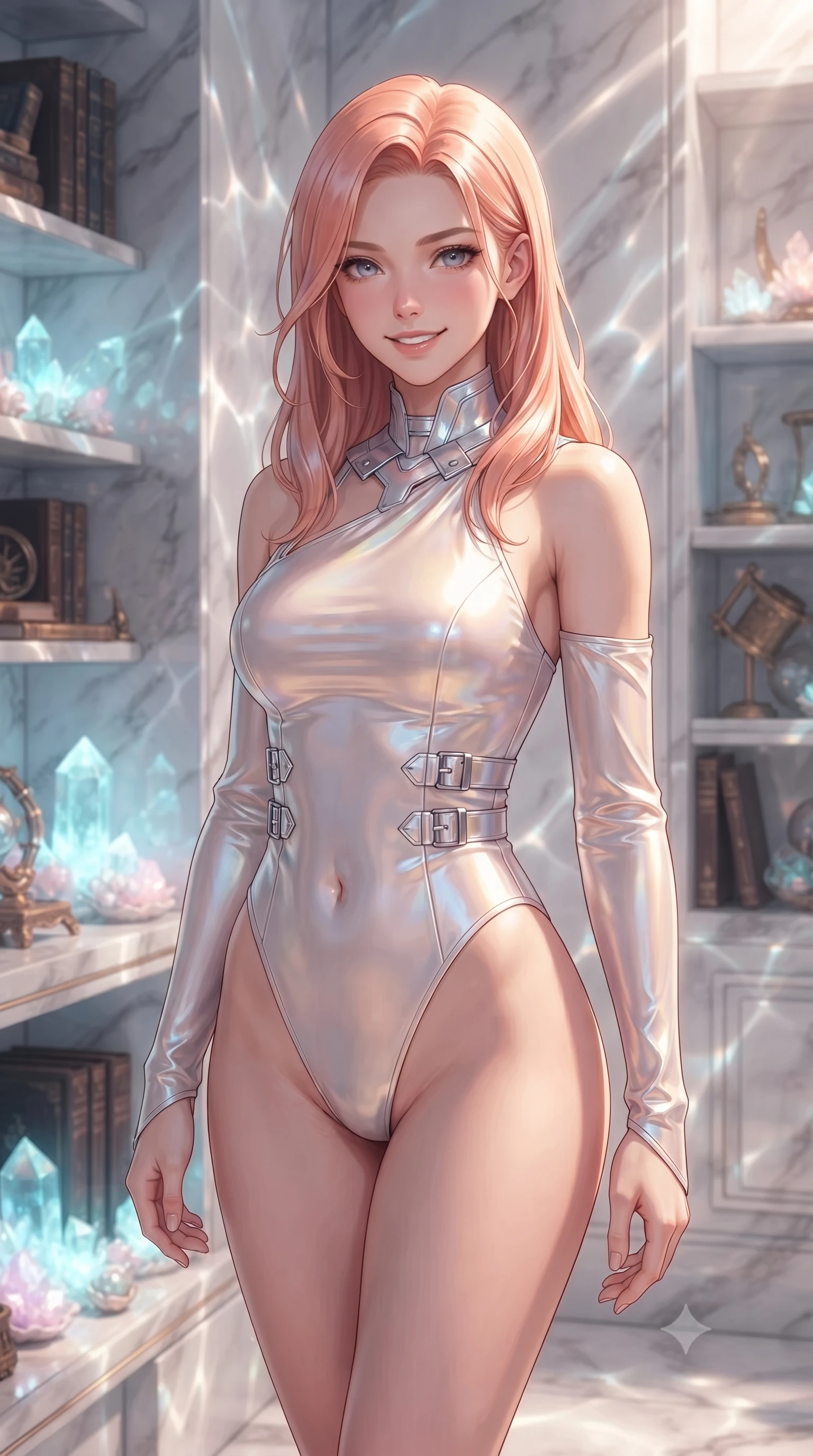 score_9, masterpiece, best quality, ultra-detailed, high-budget anime keyframe, editorial fashion photography, tasteful artistic composition, Japanese woman. close-up cowboy shot from the waist and thighs up, the character dominates the composition, filling the frame with her large presence, background elements kept in soft focus. Smiling with quiet, magnetic self-assurance directly into the lens standing beside a pearl archive sanctuary filled with glowing sea crystals, shimmering water reflections dancing dynamically across the marble walls. She has an exceptionally elegant, slender, and willowy female figure with an ultra-slim waist, a gracefully sculpted slender torso, and a refined silhouette. sharp v-shaped jawline, high-bridge nose, intricate jewel-like eyes with depth, thick eyelashes, glossy lips with a natural sheen. wearing an asymmetrical high-cut tech-bodysuit with detached sleeves in pearl white and rose gold, crafted from iridescent chiffon that shifts colors in the light, detailed with polished silver buckles along the waistline, the form-contouring material highlighting her ultra-slim waist and long lines. lit by clear sun-drenched sea light with soft ethereal shadows. ultra-reflective glossy finish, specular highlights, metallic sheen, high-contrast stereoscopic depth, volumetric dynamic lighting, 2k, ultra detail, master piece, 9:16 ratio