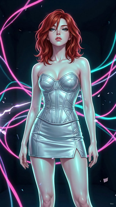 A dynamic sci-fi anime keyframe animation. The glowing circuit lines and neon highlights in the environment pulse with energy. Tiny digital fragments and light particles drift in a circular motion around the scene. The camera moves with a slow, smoot