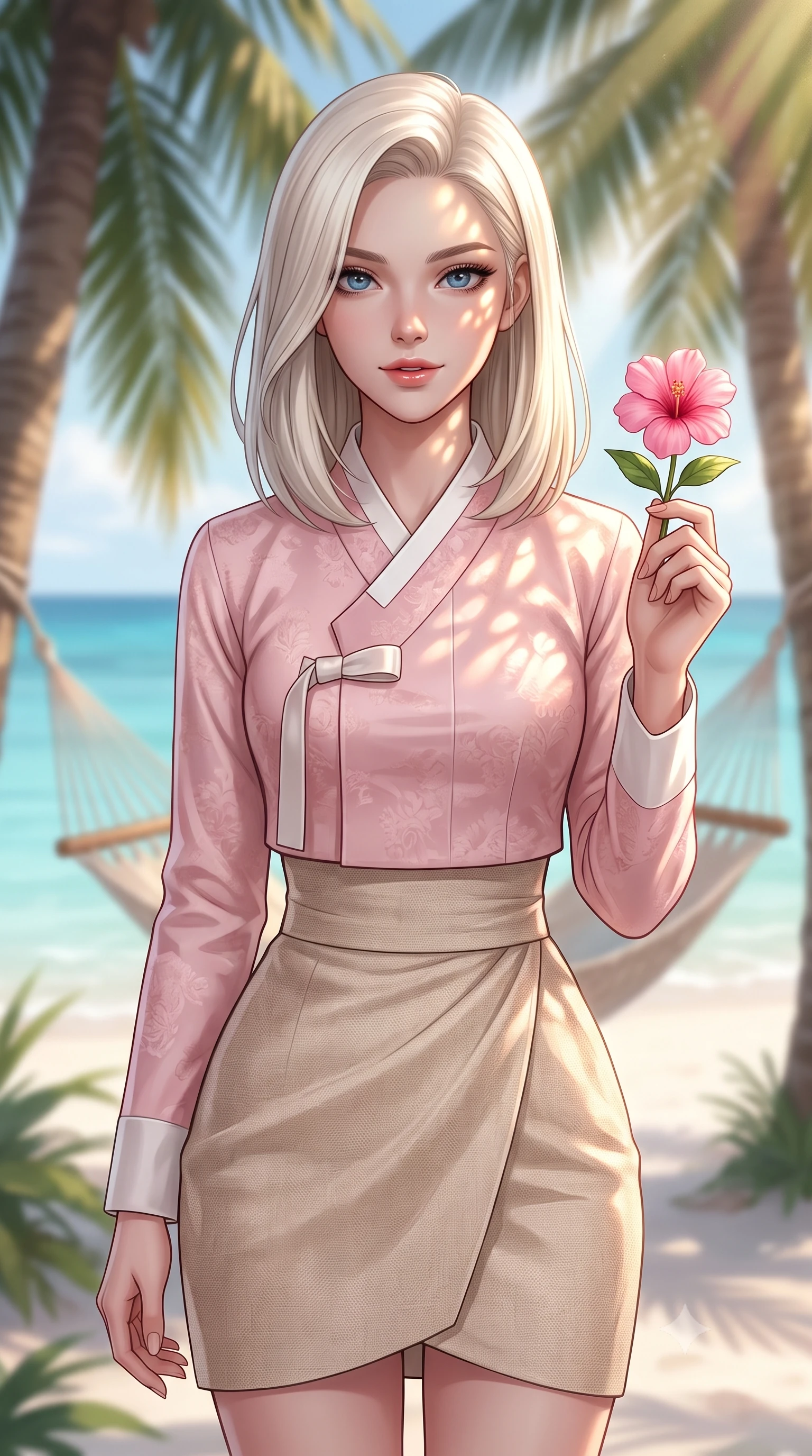 score_9, masterpiece, best quality, ultra-detailed, high-budget anime keyframe, editorial fashion photography, tasteful artistic composition, Caucasian woman woman. close-up cowboy shot from the waist and thighs up, the character dominates the composition, filling the frame with her large presence, background elements kept in soft focus. gazing directly at the viewer with a calm and welcoming expression, holding a fresh flower the background shows a soft-focus a cozy hammock strung between two palm trees on a tropical beach, with turquoise water in soft focus. She has an exceptionally elegant, slender, and willowy female figure with an ultra-slim waist, a gracefully sculpted slender torso, and a refined silhouette. sharp v-shaped jawline, high-bridge nose, intricate jewel-like eyes with depth, thick eyelashes, glossy lips with a natural sheen. wearing a tailored modern fusion hanbok jeogori in light pink silk, paired with a high-waisted beige wrap skirt. soft sun rays filtering through palm fronds, creating dancing warm patches of light. 2k, ultra detail, master piece, 9:16 ratio