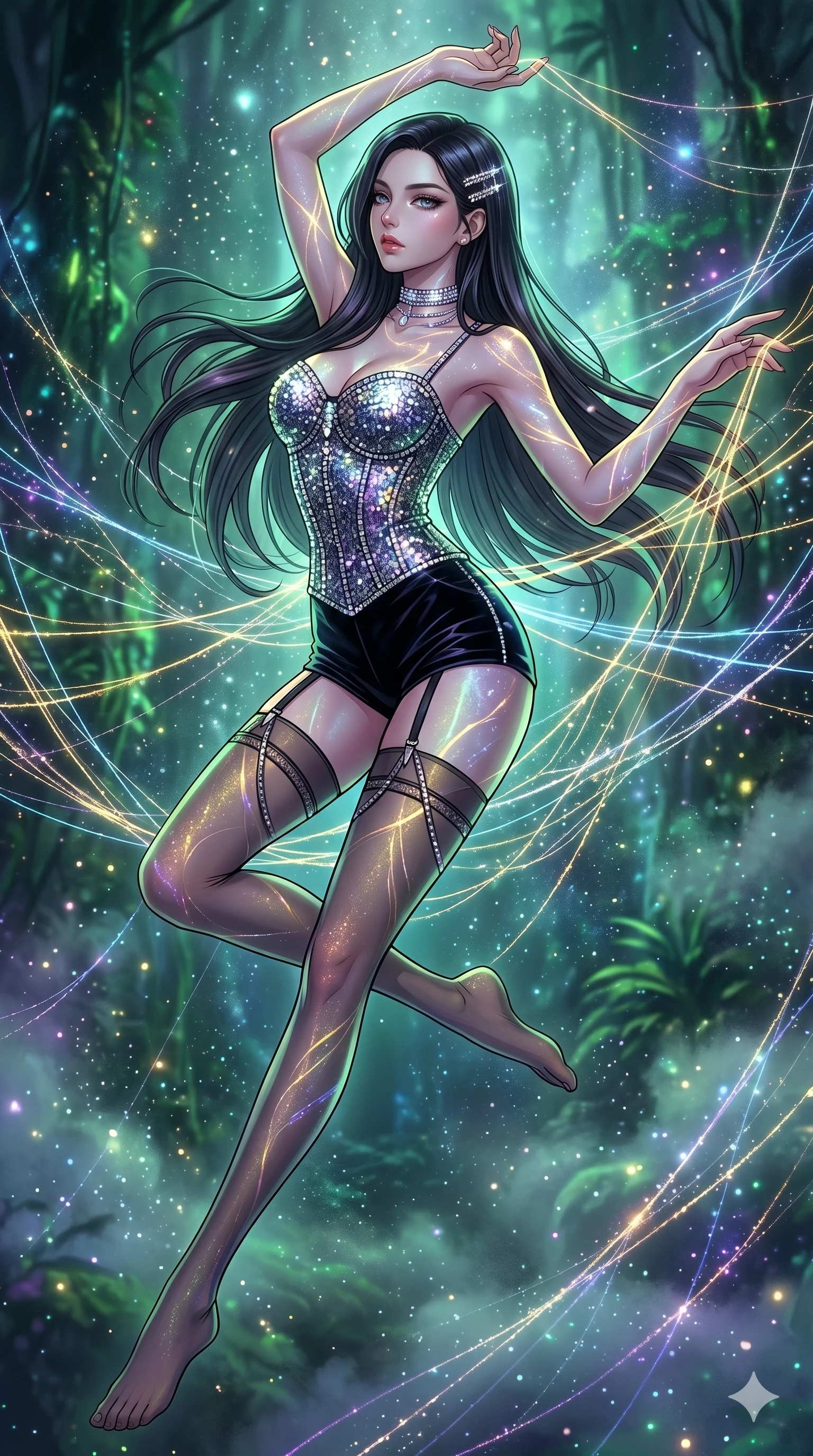 score_9, masterpiece, best quality, ultra-detailed, high-budget anime movie keyframe, cinematic anime lighting, intricate line art, Japanese woman. Dynamic full-body shot stretching the vertical silhouette across the 9:16 frame. weaving threads of light in a bioluminescent rainforest in a mist of stardust. She has an absolutely perfect 8-heads proportion, an exceptionally tall and slender female figure with an ultra-slim waist and impossibly long slender legs. sharp v-shaped jawline, high-bridge nose, intricate jewel-like eyes, thick eyelashes, glossy lips. Wearing luxurious K-pop idol stage outfit featuring a sparkling sequined corset, high-cut velvet shorts, and sheer silk stockings with garter belts, accessorized with crystal chokers. The scene is illuminated by dramatic atmospheric lighting and vibrant color palettes. , 2k, ultra detail, master piece, 9:16 ratio