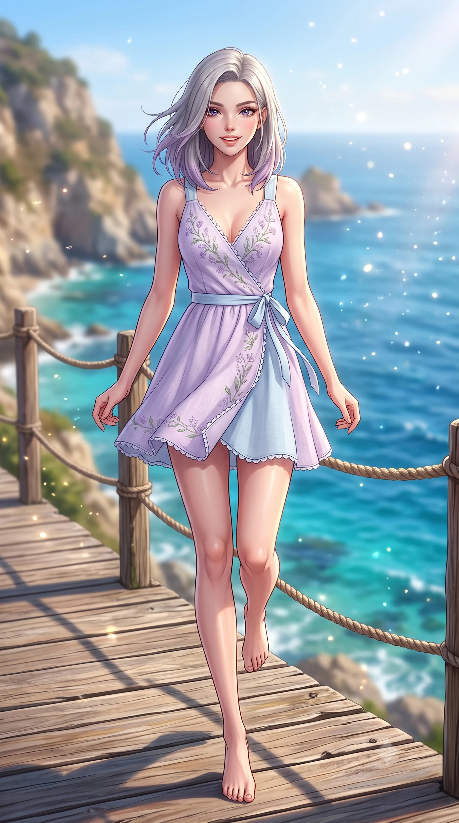 score_9, masterpiece, best quality, ultra-detailed, high-budget anime keyframe, semi-realistic 3D game render, editorial fashion photography, tasteful artistic composition, Caucasian woman. low angle full-body shot from head to toe showing her feet, filling the entire 9:16 vertical frame with her statuesque presence, stretching her vertical silhouette. standing poised on one leg with a playful hop and joyful expression, her long legs and slender figure highlighted against the landscape while walking cheerfully along a scenic cliffside wooden promenade overlooking a dazzling sapphire and turquoise ocean. The composition keeps background elements in soft focus with creamy bokeh. warm beach sunlight refracting off ocean spray mist scattering shimmering light motes. She has an absolutely perfect, statuesque 8.5-heads proportion, an exceptionally tall and slender model-like female figure with impossibly long slender legs, a toned flat midriff, and an ultra-slim waist. sharp v-shaped jawline, high-bridge nose, intricate jewel-like eyes with depth, thick eyelashes, glossy lips with a natural sheen, pure and lovely fresh girlhood expression, flawlessly proportioned anatomical accuracy, strict slender model proportions, natural body alignment, perfectly sculpted long slender limbs, ultra-slim waistline, clean dynamic posture without body distortion. wearing a romantic wrap-style linen sundress with subtle botanical embroidery and a dainty waist tie in soft pastel lavender and delicate sky blue, tailored from soft pastel lightweight wool blend with subtle texture, finished with delicate scallop trims and tiny pearl buttons, the chic real-way fashion cut emphasizing her effortless charm, flat midriff, and slender model proportions. illuminated by crisp directional daylight defining her flawless features and slender silhouette. highly saturated vibrant anime colors, detailed shading with soft gradients, rich glossy textures, high-contrast stereoscopic depth, volumetric dynamic lighting, master piece, 9:16 ratio