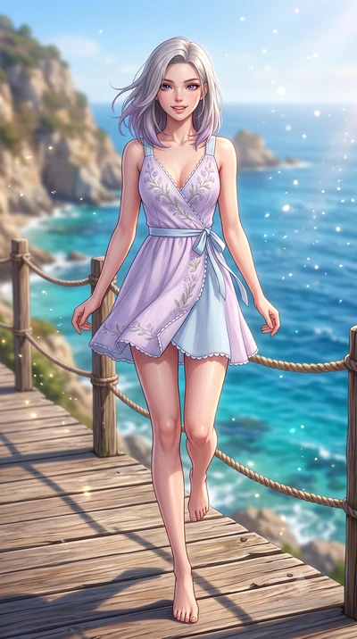 score_9, masterpiece, best quality, ultra-detailed, high-budget anime keyframe, semi-realistic 3D game render, editorial fashion photography, tasteful artistic composition, Caucasian woman. low angle full-body shot from head to toe showing her feet, 
